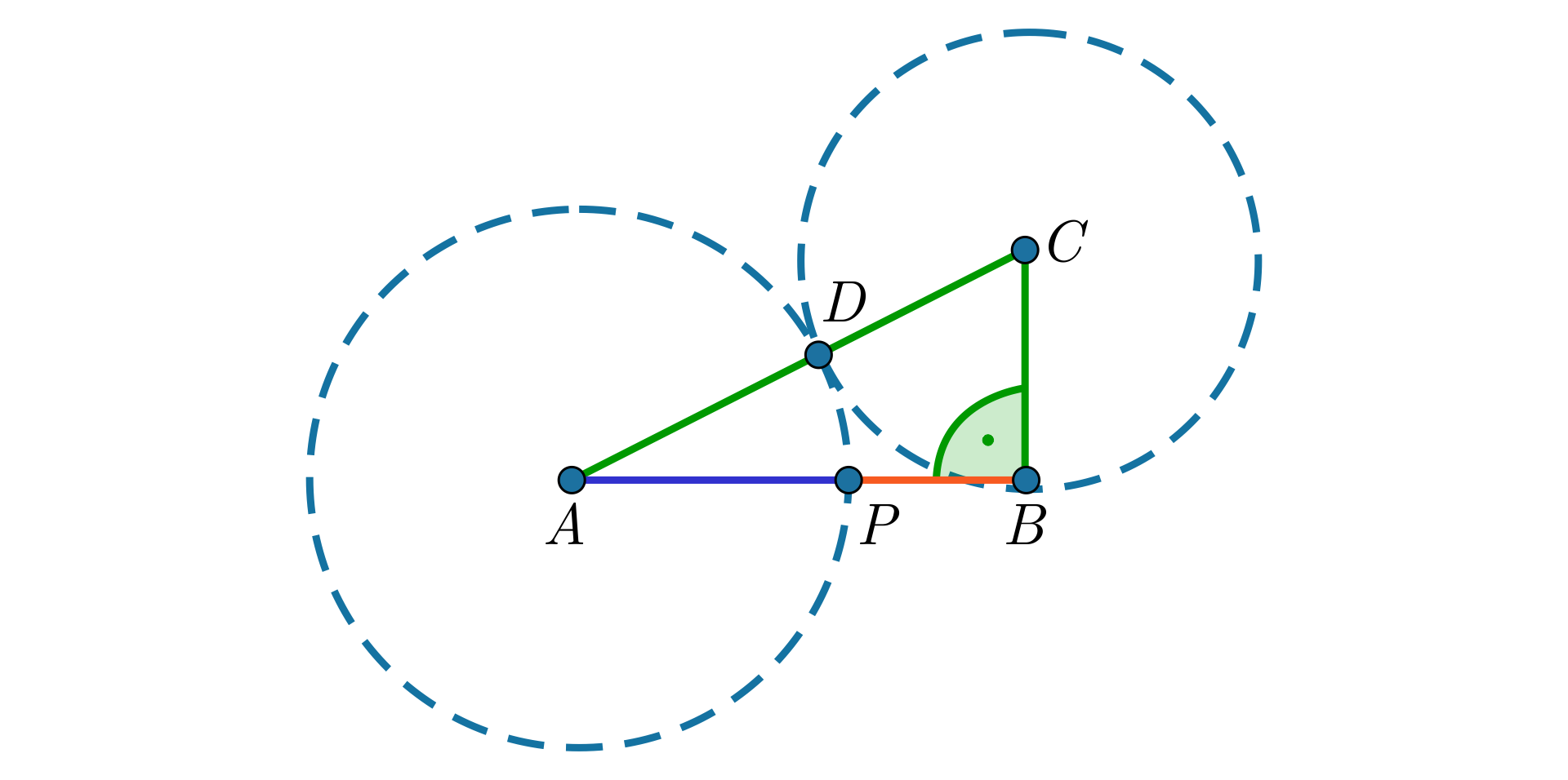 Ilustracja przedstawia dwa wykreślone okręgi. Jeden okrąg ma środek w punkcie A a drugi w punkcie C. Dwa okręgi są do siebie styczne zewnętrznie w punkcie D.  Każdy z okręgów ma dwa różne promienie. Poprowadzono poziomą styczną mniejszego okręgu tak, że przechodzi ona przez średnicę okręgu o środku w punkcie A. Punkt styczności oznaczono punktem B. Stworzył się w ten sposób trójkąt prostokątny A B C. Punkt, w którym bok AB przecina większy okrąg, oznaczono przez P.