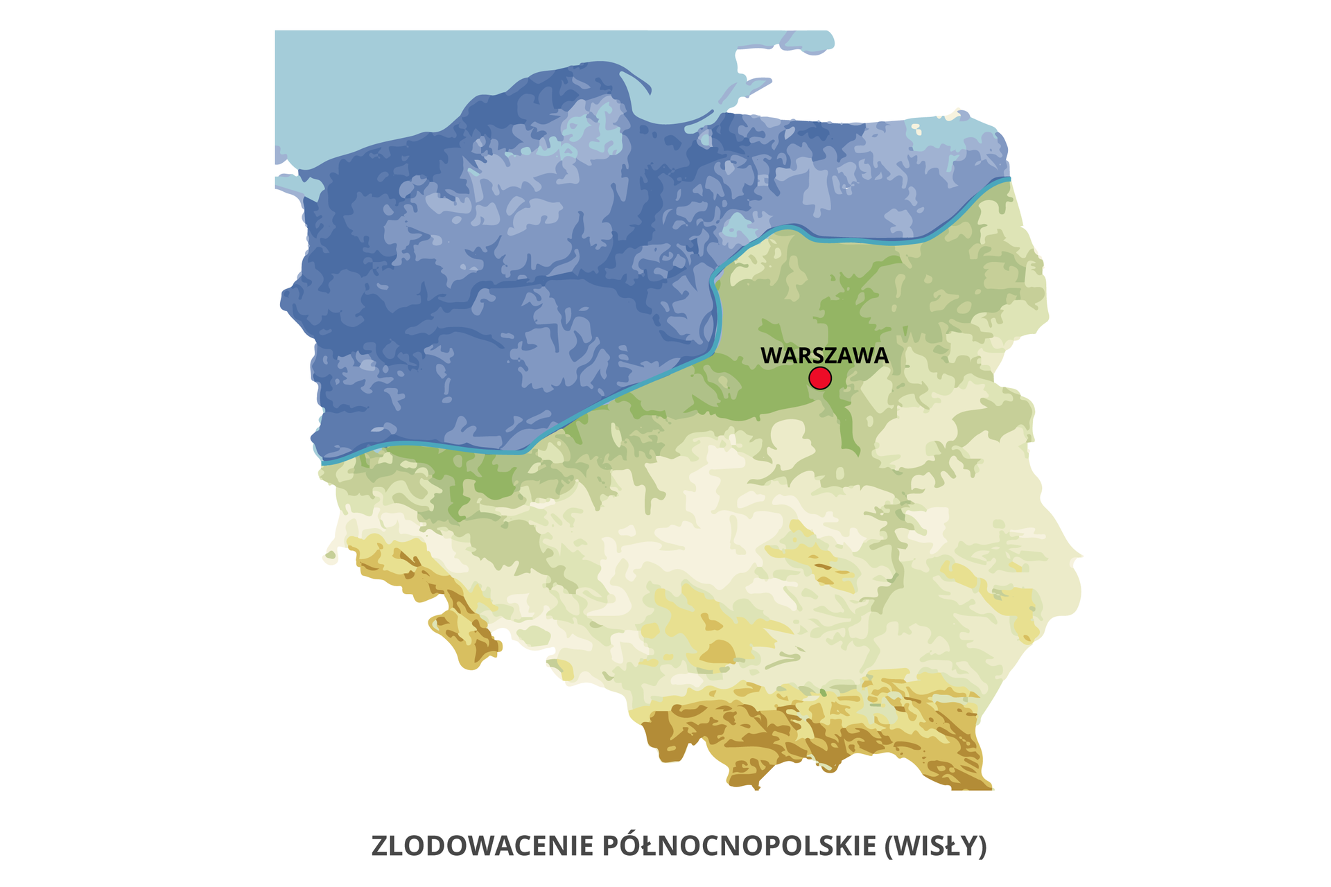 Mapa przedstawia zasięg lądolodu zlodowacenia północnopolskiego (Wisły). Obejmował on północ Polski aż do Pojezierza Mazurskiego i Wielkopolskiego.