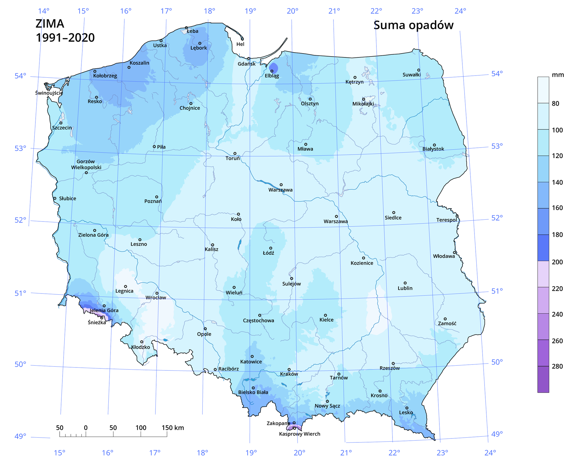 Mapa Polski przedstawiająca średnie roczne sumy opadów w milimetrach w latach 1991‑2020 zimą. Wartości oznaczono kolorami, od jasnoniebieskiego dla najniższych (poniżej 80 mm) do fioletowego w przypadku najwyższych (powyżej 280 mm). Najwyższe opady zimą występują w górach. oraz w okolicy Elbląga, równie wysokie są nad wybrzeżem Bałtyku. Najniższe opady występują obszaro w okolicy Wrocławia i Legnicy oraz w dolinie Wisły w okolicy Sandomierza. Reszta obszaru Polski cechuje się opadami których suma osiąga od 100 do 140 mm. Na mapie jest siatka kartograficzna na której oznaczono wartości południków i równoleżników co jeden stopień. W lewym dolnym rogu znajduje się skala liniowa.