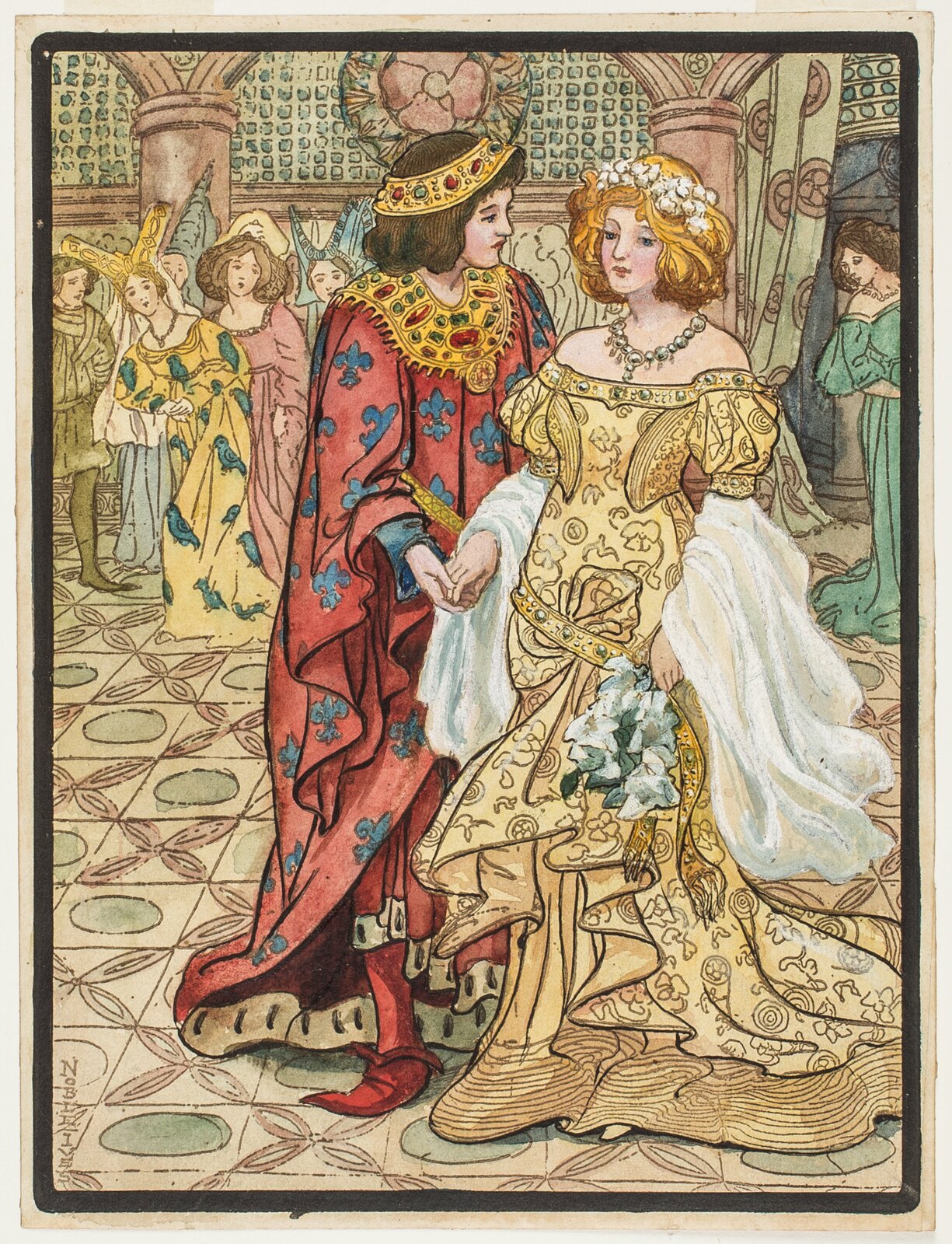 Barwna ilustracja przedstawiająca Kopciuszka wraz z królewiczem na balu. Kobieta stoi po prawej stronie, a książę, zwrócony w jej stronę, przytrzymując jej dłoń i patrząc w oczy, stoi po lewej stronie. Kobieta ubrana jest w długą, kwiecistą, wijącą się po podłodze, jasnożółtą suknię, mającą lekko bufiaste rękawki i będącą lekko uniesioną z przodu, co daje falbanki. Przez ręce ma przewieszony długi biały szal. W prawej ręce trzyma biało‑zielone kwiaty. Odkryty dekolt zdobią korale. Na rudych, gęstych, falujących włosach ma biały wianek. Jej twarz jest szczupła, wzrok spuszczony i lekko zamyślony. Książę ubrany jest w długą do samej ziemi czerwoną szatę z powtarzającym się na niej wzorem niebieskiego kwiatka. U góry spięta jest bogato zdobionym kołnierzem. Na głowie ma bogato zdobioną, złotą koronę.