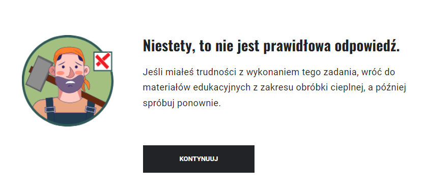 Ekran informacji zwrotnej po udzieleniu niepoprawnej odpowiedzi w grze edukacyjnej