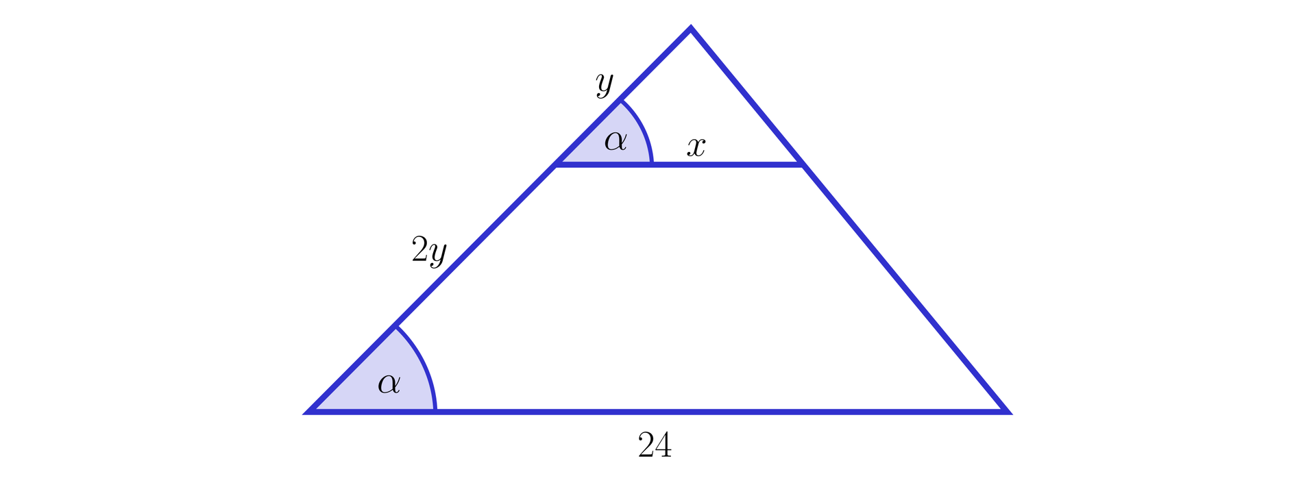 Na ilustracji przedstawiono trójkąt ABC o podstawie AB równej dwadzieścia cztery. Zaznaczono punkt D, dzielący bok trójkąta w stosunku 1 do trzech, na odcinek 2y oraz y. Odcinek x, jest odcinkiem równoległym do podstawy AB, łączącym punkt D z punktem E. Kąty CAB oraz CDE są równe alfa.