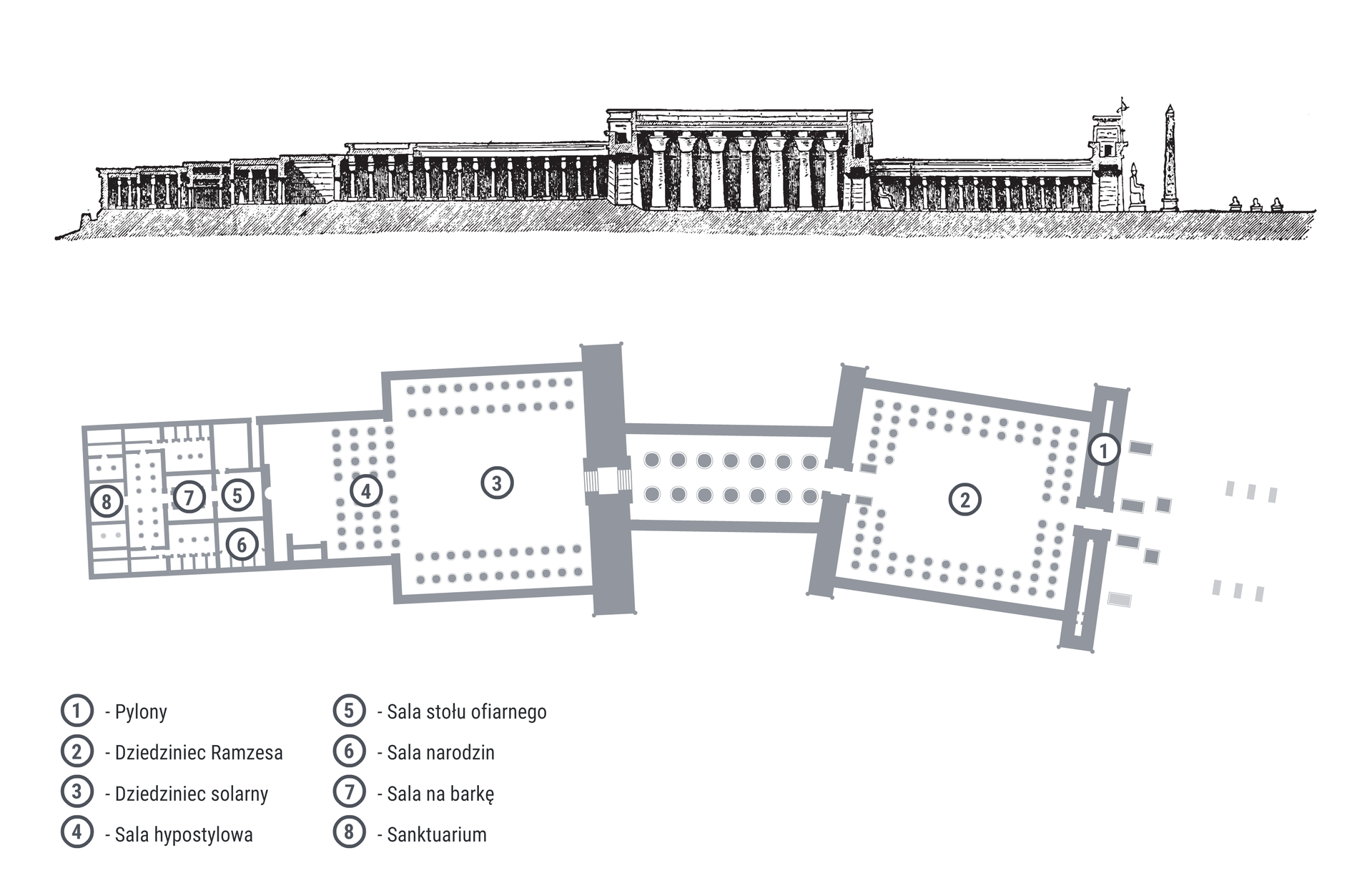 Ilustracja przedstawia czarno‑biały przekrój oraz plan świątyni Amona z okresu ok. 1400 r. p.n.e. W górnej części ilustracji została umieszczona wizualizacja budynku od boku. Z prawej strony znajduje się wejście do świątyni. Prowadzi do niego Aleja Sfinksów z wieloma rzeźbami sfinksów, ustawionymi po obu stronach alei. Następnie przed wejściem jest obelisk, a za nim rzeźba siedzącego wartownika. Dalsze części przekroju ukazują jedynie mniejsze lub większe kolumny w pomieszczeniach. Dolna część ilustracji przedstawia plan budynku z układem rozmieszczenia poszczególnych pomieszczeń. Z prawej strony znajduje się wejście do świątyni, przed którym małymi, szarymi prostokątami oznaczone są sfinksy, a następnie dwa obeliski i cztery rzeźby siedzących wartowników. Dalsze części świątyni oznaczone są cyframi i podpisane w legendzie poniżej. Od prawej strony, przy wejściu znajdują się pylony, oznaczone cyfrą 1. Wewnątrz świątyni, za pylonami znajduje się dziedziniec Ramzesa, oznaczony cyfrą 2. Jest to duży, przestronny plac z dwoma rzędami kolumn wokół, przy ścianach. Następnie, przemieszczając się ciągle w lewą stronę planu, ukazane jest przejście z kolumnami, prowadzące do dziedzińca solarnego, oznaczonego cyfrą 3. Znajdują się w nim po dwa rzędy kolumn przy ścianach bocznych. Dalej ukazana jest sala hypostylowa, oznaczona numerem 4. Kolejne pomieszczenia są mniejsze i ułożone obok siebie: sala stołu ofiarnego (oznaczona cyfrą 5), sala narodzin (oznaczona cyfrą 6), sala na barkę (oznaczona cyfrą 7) oraz sanktuarium (oznaczone cyfrą 8), znajdujące się w najodleglejszej części kompleksu. Widoczne są tam również inne, mniejsze pomieszczenia z małymi kolumnami i innymi elementami architektonicznymi.