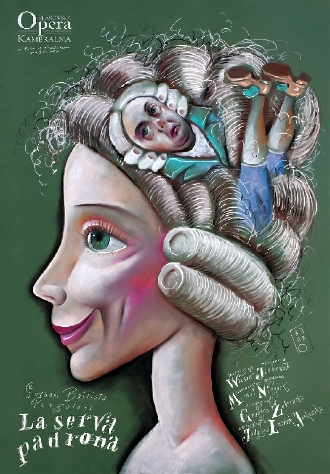 Ilustracja przedstawia plakat opery. Na ciemnozielonym tle, narysowano profil kobiety z różowym makijażem na ustach, powiekach i policzkach. W jej siwą perukę wplątana jest postać małego mężczyzny, również w peruce, w marynarce i eleganckich butach. Wokół głowy kobiety, wypisano tytuł spektaklu oraz obsadę.