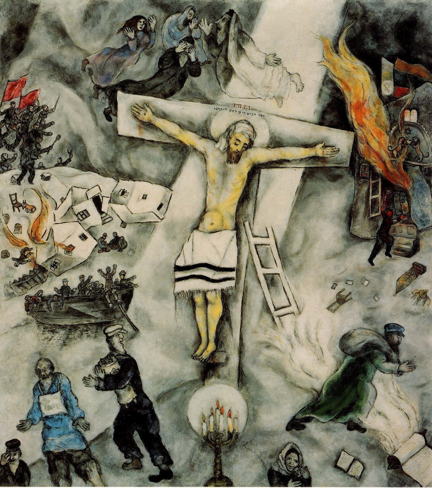 Ilustracja przedstawia obraz Marca Chagalla pt. „Białe Ukrzyżowanie”. W Art Institute w Chicago znajduje się bardzo szczególna scena Ukrzyżowania. Namalował ją człowiek niewierzący, a jednak jest to Ukrzyżowanie bardzo przekonywujące. Białe Ukrzyżowanie zostało namalowane w 1938 roku przez Marka Chagalla. Obraz przedstawia scenę ukrzyżowania. W obrazie dominują biele i szarości z pojedynczymi plamami żółci, czerwieni, zieleni i błękitu. W centralnym miejscu Chagall umieścił postać mężczyzny przybitego do krzyża, a wokół niej pozostałe elementy kompozycji. Na pierwszym planie widać ukrzyżowanego Chrystusa, owiniętego w żydowski szal modlitewny -  wskazując w ten sposób, że Chrystus również był Żydem. Pod krzyżem została umieszczona menora – jeden z symboli judaizmu, obok krzyża zaś przedstawiona została drabina Jakubowa. Z lewej strony obrazu autor umieścił aluzję do wydarzeń jakie rozgrywały się w Niemczech w latach 30. XX wieku – tj. pogromy Żydów, płonące miasta żydowskie i zniszczone domy. Również po tej stronie obrazu widnieje przedstawienie łodzi z uciekającymi na niej Żydami, co może być aluzją do ucieczek przed narodowym socjalizmem poprzez podróże morskie do Stanów Zjednoczonych w latach 30. XX w. Może także przypominać historię niemieckiego statku pasażerskiego, który wypłynął w 1938 roku z Niemiec do USA wywożąc setki Żydów. Policja w USA nie pozwoliła mu jednak na wpłynięcie do portu oświadczając, że władze amerykańskie nie przyjmą już więcej żadnych emigrantów. Z tego powodu statek musiał zawrócić do Niemiec, a na jego pasażerów czekała zagłada. Chagall namalował na statku grupę ludzi, którzy spoglądają przed siebie pełni zwątpienia i rozpaczy. Wyciągają ręce w kierunku krzyża, który staje się symbolem ich przeznaczenia. W górnym lewym rogu Chagall namalował maszerujących rewolucjonistów, a u góry unoszące się dusze zmarłych. Na dole obrazu autor ponownie przedstawił uciekających Żydów – jeden z nich trzyma w rękach Torę, którą pragnie ochronić. W górnym prawym rogu namalowana została płonąca synagoga, zaś w dolnym prawym rogu – obok jednego z uciekających Żydów – widać płonącą Torę. Ozdobny tympanon z wyrzeźbionymi na nim lwami i kamiennymi tablicami zaraz spadnie na ziemię. Chanukowy świecznik i żyrandol leżą już zdeptane w śnieżnym błocie, wyrzucone tak jak i księgi modlitewne. Ukrzyżowanie wpisane w bardzo konkretny kontekst – swoich czasów i wpisanych w te czasy dramatów. To jeden z nielicznych obrazów Chagalla, gdzie malarz rezygnuje z fantazyjnego przedstawiania świata, z bardziej barwnych niż rzeczywistych obrazów Witebska. Rezygnuje z kolorów, wpisując obraz w paletę bieli i czerni. Ale maluje przekonująco mieszcząc przekaz religii, której nie wyznaje, maluje oddając tragedie, które już znał z pobytu w Rosji Radzieckiej, ale także maluje przewidując czasy upokorzeń i bólu, które dopiero mają nadejść. Z wygnanymi matkami tulącymi płaczące dzieci. Ze spalonymi synagogami. Z ucieczką, strachem i bólem. Z rozkruszoną tradycją, odrzuconą historią, poniżonym człowiekiem. Czyli wszystkim tym, co potencjalnie mieści się w ludzkiej egzystencji. Z tym co Chagall częściowo znał, a częściowo przewidywał.