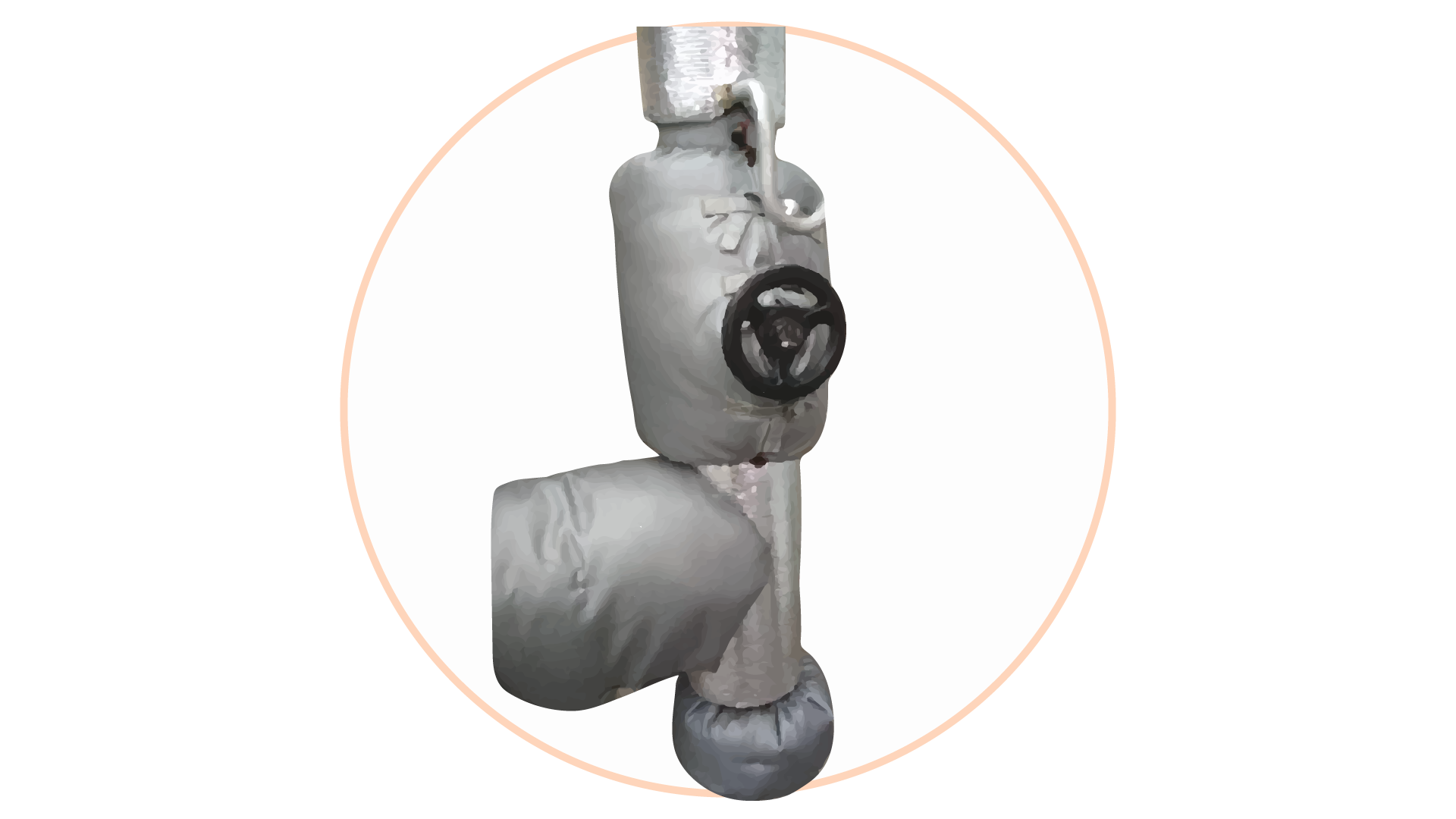 Grafika przedstawia poprawnie wykonaną izolację zimnochronną zaworu pionowego. Pionowa rura szczelnie pokryta jest izolacją. Pośrodku niej znajduje się okrągły zawór. 