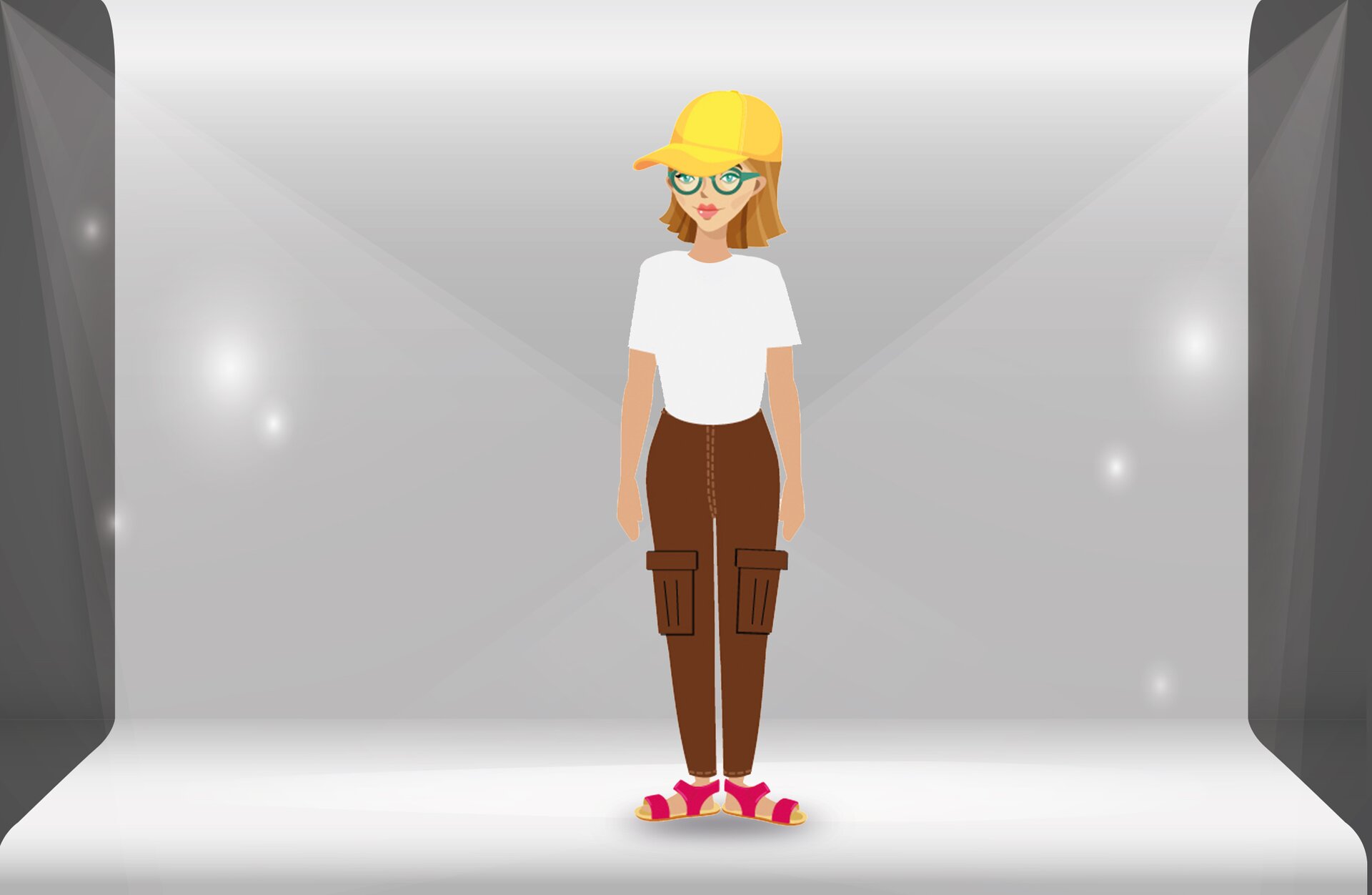 Grafika przedstawia stojącą kobietę, zwróconą lekko w lewo, z rękami opuszczonymi wzdłuż tułowia. Ubrana jest w szerokie, brązowe spodnie z kieszeniami na udach, białą koszulkę z krótkim rękawem, czerwone sandały i żółtą czapkę z daszkiem. Ma brązowe, półdługie włosy i okulary.