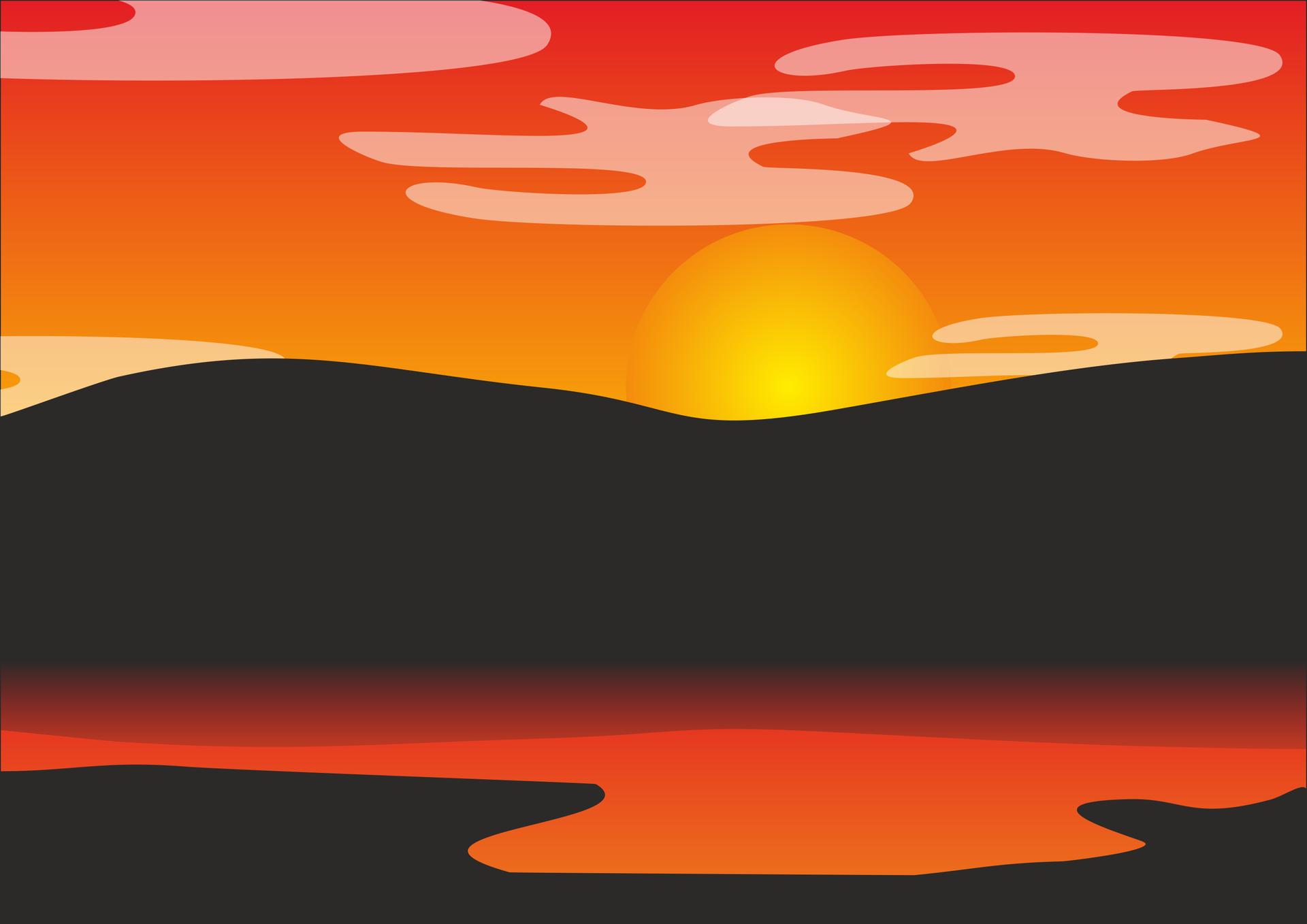 Obraz przedstawia zachód słońca za górami w tle, z przodu widoczna czerwona plama przypominające jezioro. Przed słońcem widoczne są białe chmury.