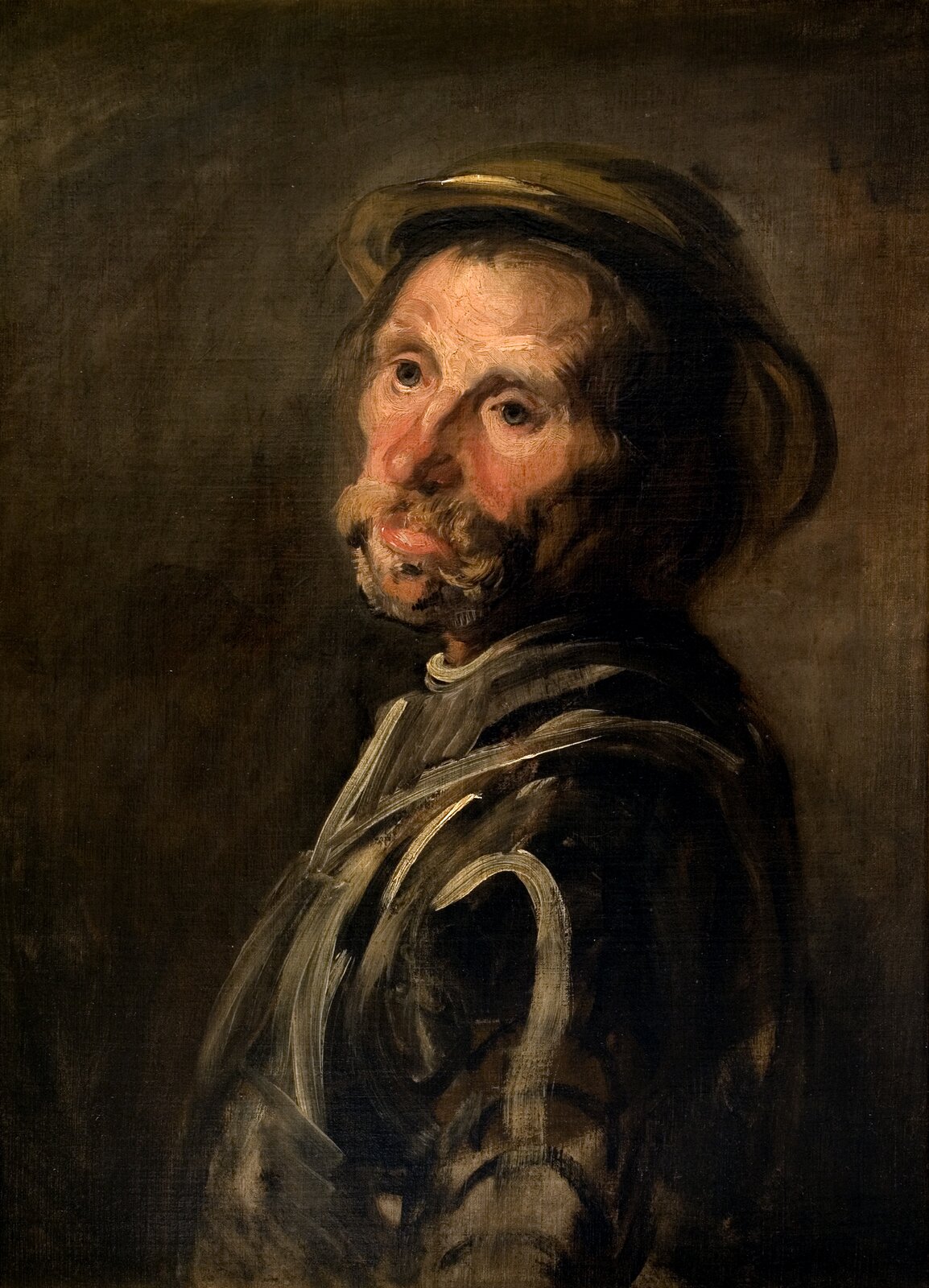 Obraz ukazuje starszego mężczyznę o ciemnych włosach oraz zaroście. Ubrany jest w szaro‑zielony mundur oraz beret. Mężczyzna skierowany jest do obserwatora lewym ramieniem. Głowę oraz spojrzenie kieruje ku górze. Dzieło jest ciemne. Przeważają odcienie zieleni, czerni oraz szarości. 