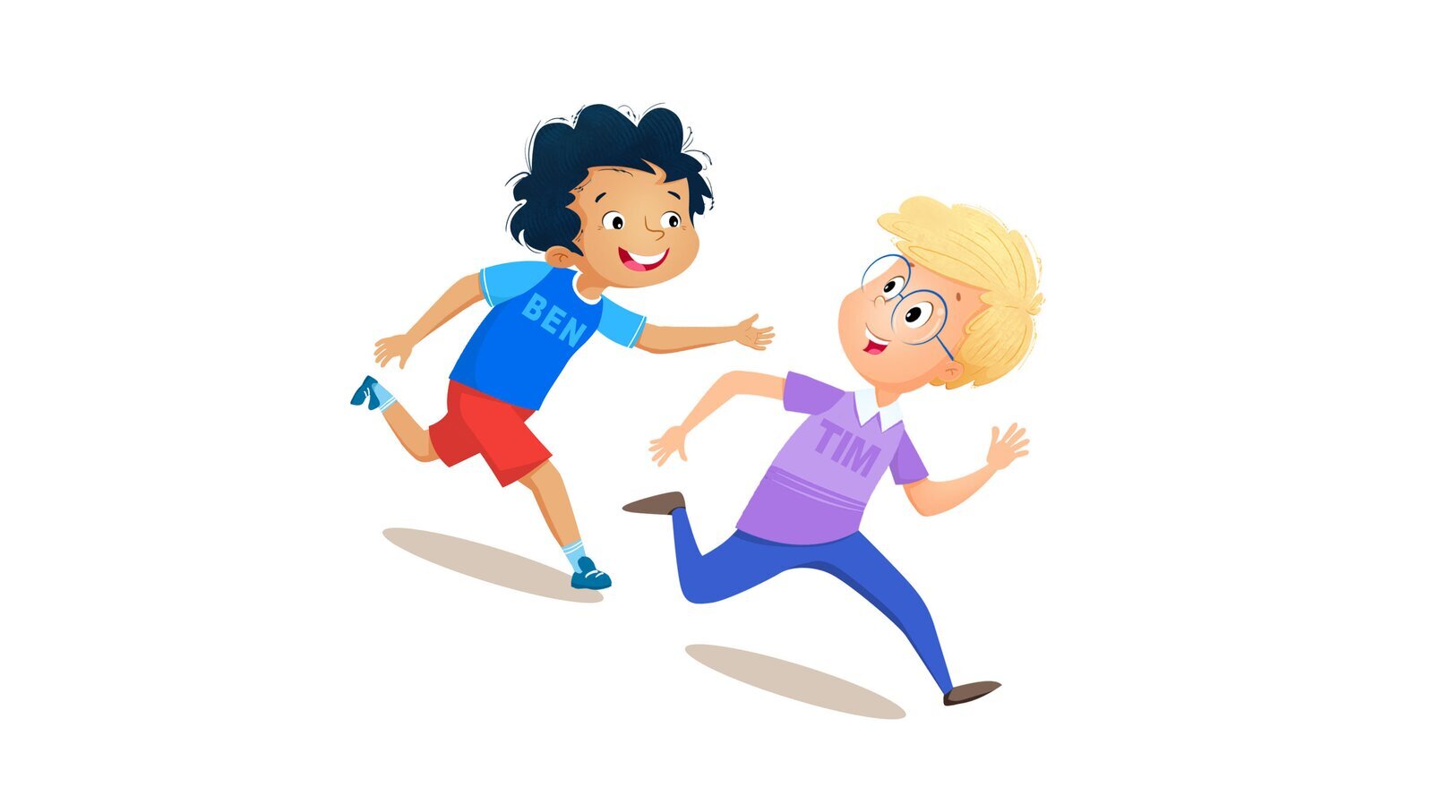 Na ilustracji znajdują się dwaj biegnący chłopcy.To Ben i Tim