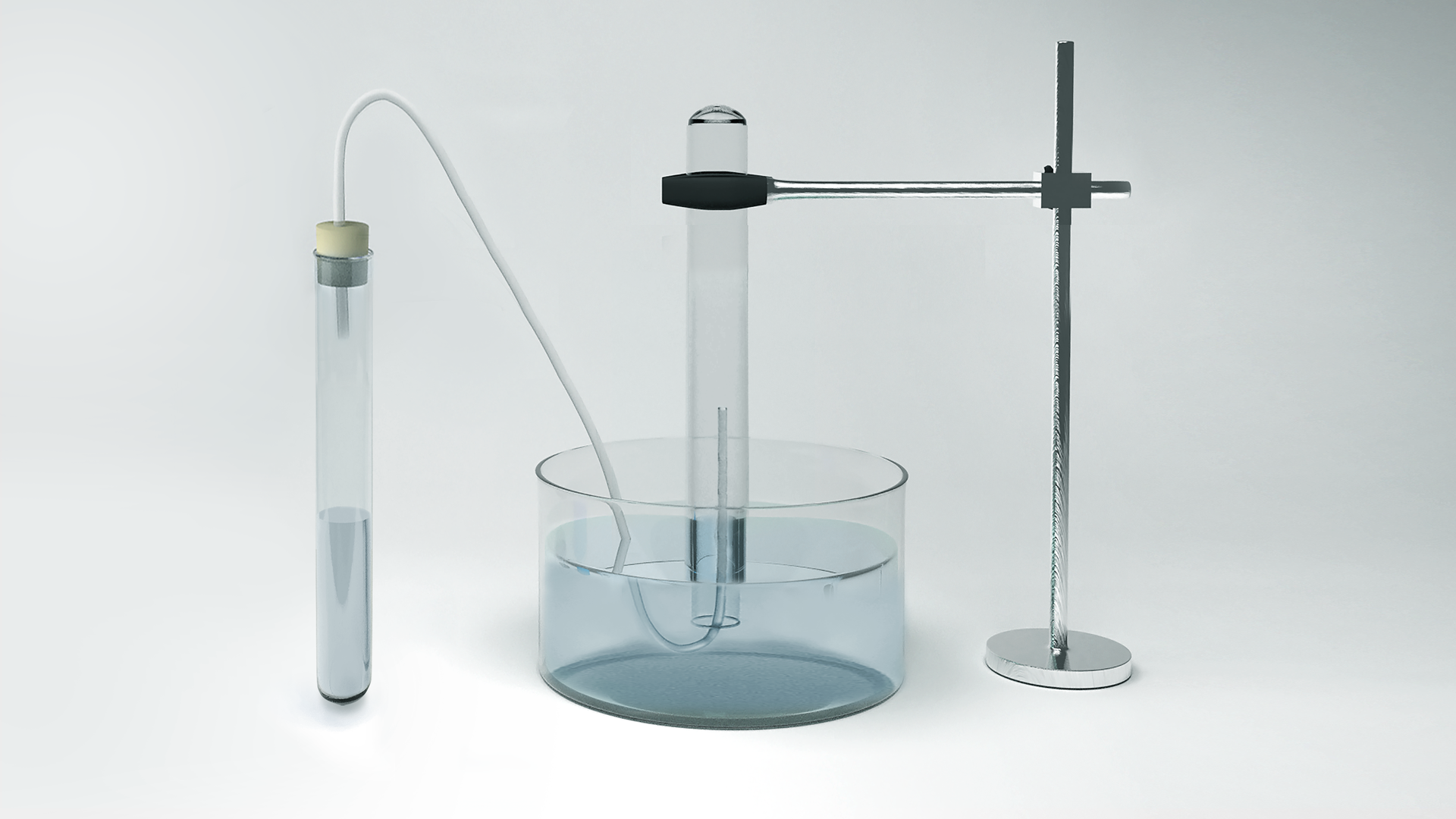 Schemat doświadczenia przedstawiający dwie probówki. Jedna z nich ustawiona jest pionowo i zatkana korkiem, przez który poprowadzony jest wężyk. Probówka ta zawiera roztwór. Wężyk z probówki pierwszej poprowadzony jest do wnętrza probówki drugiej, która to odwrócona jest do góry dnem, zanurzona w cieczy wypełniającej krystalizator oraz zamontowana w łapie statywu laboratoryjnego.