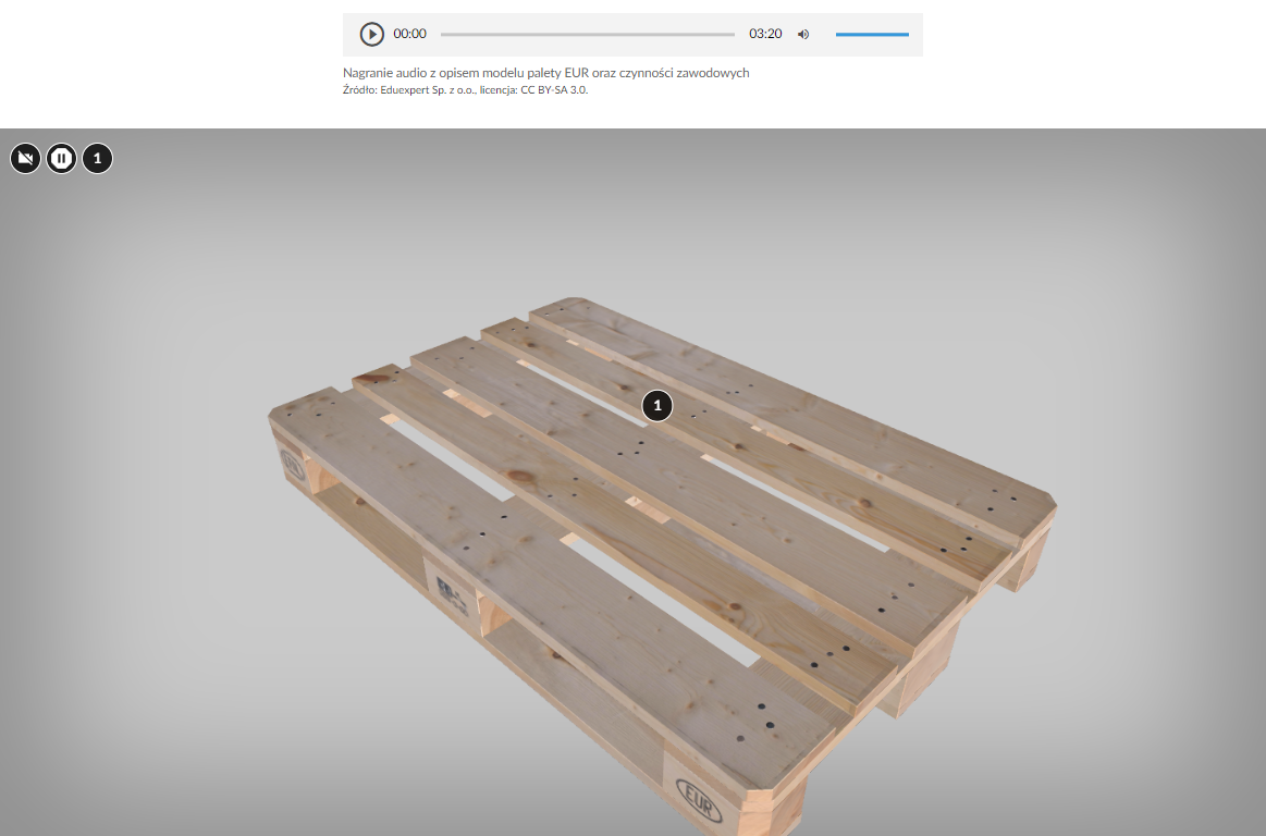 Grafika przedstawia widok na przykładowe okno wizualizacji modelu 3D wraz z odtwarzaczem audio. W górnej części grafiki znajduje się odtwarzacz audio. Odtwarzacz ma formę szarego prostokąta. Z lewej strony znajduje się ikona trójkąta wpisanego w koło. - Służy do włączenia nagrania. Obok znajduje się informacja o czasie odtworzonego fragmentu - zero minut i zero sekund. Obok jest pasek, dzięki któremu można zaznaczyć konkretny moment nagrania do otworzenia. Po prawej stronie paska znajduje się informacja o całkowitej długości nagrania - trzy minuty i dwadzieścia sekund. W prawej części odtwarzacza znajduje się ikona głośnika służąca do wyłączenia/włączenia dźwięku oraz pasek, na którym można ustawić odpowiedni poziom głośności. Poniżej znajduje się okno wizualizacji. W jego centrum widoczna jest paleta EUR. Składa się z drewnianych desek, które tworzą powierzchnię załadunkową palety. Deski połączone są za pomocą gwoździ z poprzecznymi deskami, które tworzą wsporniki palety. Na widocznych trzech wspornikach znajdują się oznaczenia palety. Na palecie znajduje się cyfra jeden, wpisana w koło. Przycisk ten służy do otwarcia okna z opisem. W lewym górnym rogu znajdują się trzy przyciski funkcyjne. Pierwszy z nich ma formę przekreślonej kamery wpisanej w koło. Służy do zresetowania kamery. Drugi ma formę dwóch prostych linii wpisanych w koło. Służy do włączenia/wyłączenia automatycznego obrotu modelu 3D. Trzecia ikona funkcyjna ma formę cyfry jeden, która jest wpisana w koło. Służy do otwarcia okna z opisem. 
