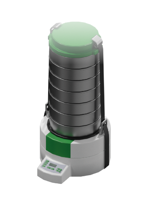 Ilustracja przedstawia przesiewacz. To zestaw siedmiu sit umieszczonych jedno na drugim. Na dole urządzenia jest poziomy panel z przyciskami i prostokątnym wyświetlaczem.