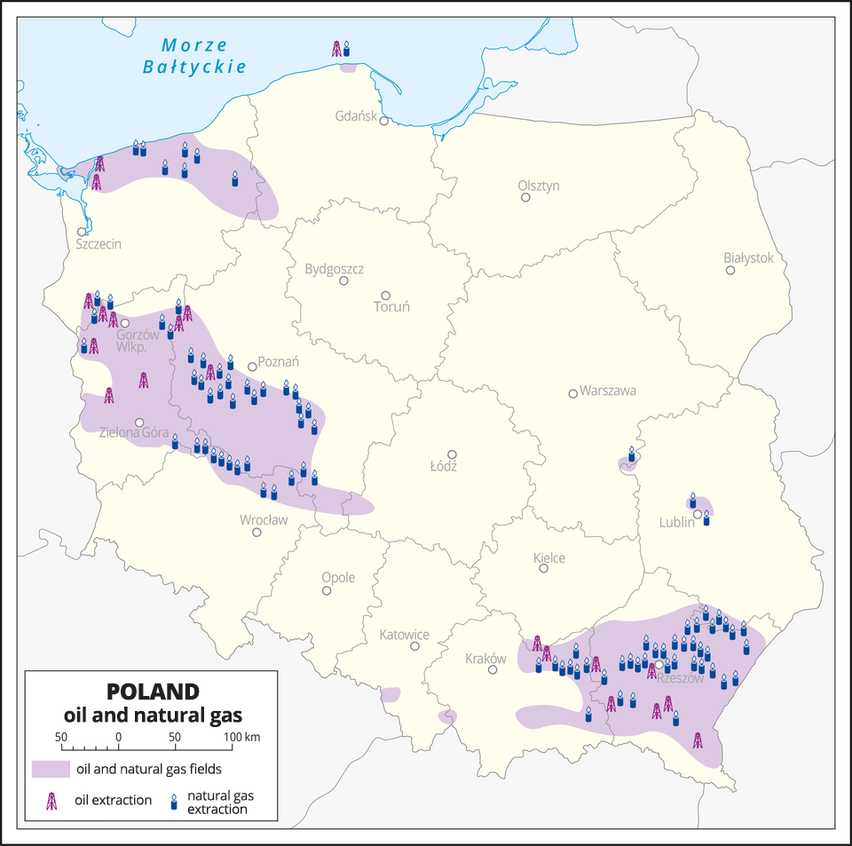 Mapa występowania złóż ropy naftowej i gazu ziemnego - oil and natural gas - w Polsce: niemal cały obszar województwa podkarpackiego, południowo-zachodnia część województwa wielkopolskiego, północna i centralna część województwa lubuskiego oraz północny obszar zachodnio-pomorskiego. Nieliczne wokół Lublina. Zaznaczone kolorem jasnofioletowym. 