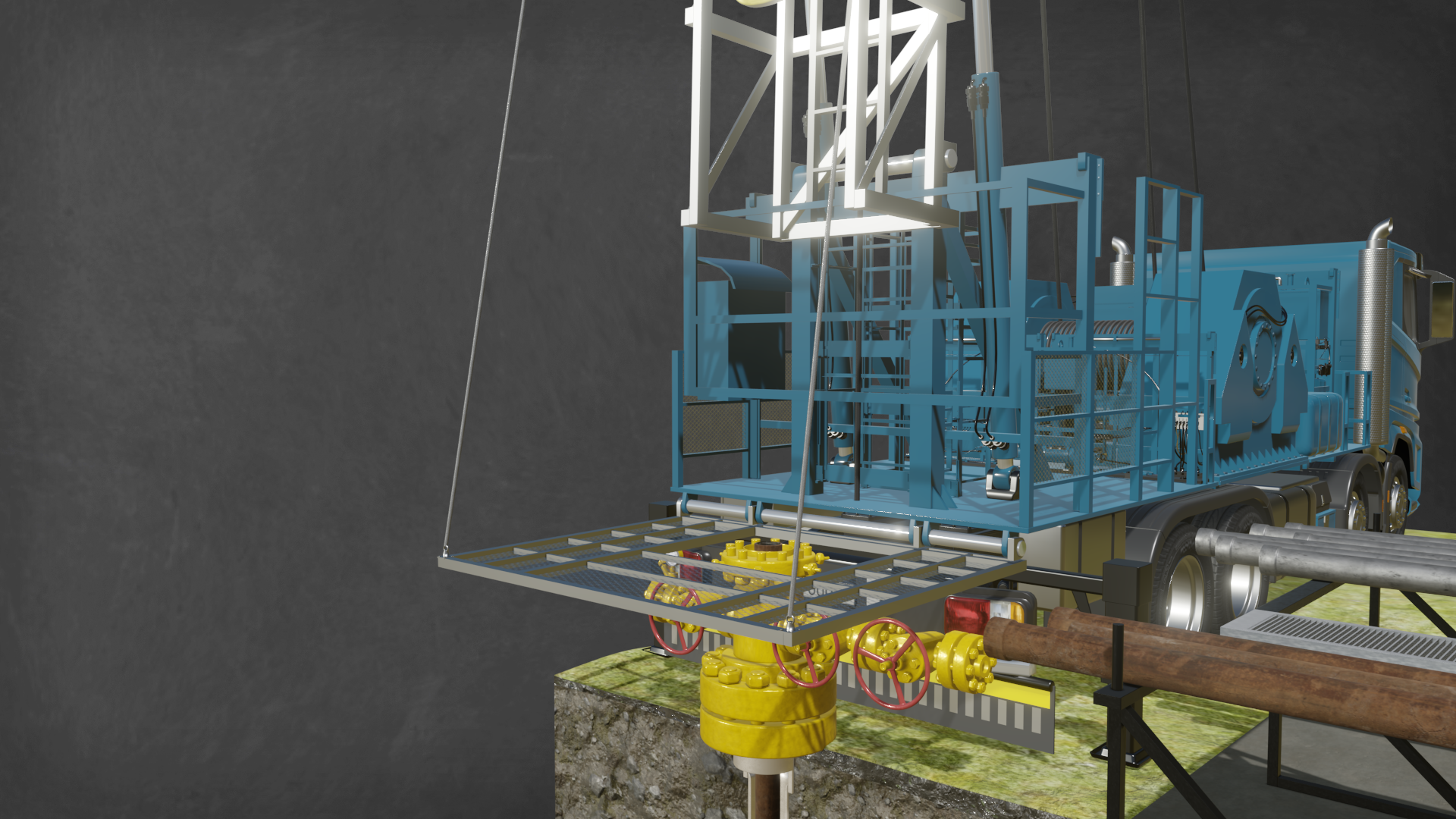 Na zdjęciu widoczny jest podest roboczy widziany od przodu. Podest wraz z barierkami zabezpieczającymi jest w kolorze niebieskim. Podest znajduje się na podwoziu ciężarówki. Z przodu podestu wychodzi stalowa konstrukcja przypominająca drabinę. Poniżej podestu znajduje się żółta głowica zamykająca otwór wiertniczy. Głowica jest w kształcie litery T. Po prawej stronie podestu stoi stelaż z położonymi na nim rurami. 