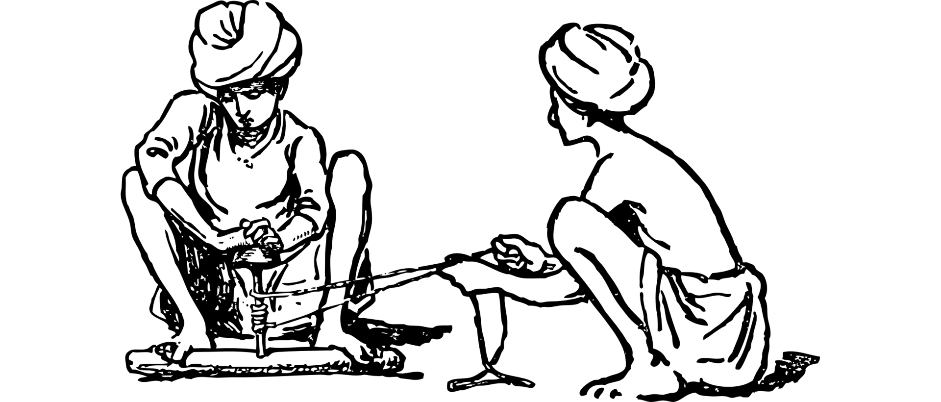 Grafika przedstawia dwie osoby w turbanach siedzące na ziemi. Jedna trzyma w ręku krótki, drewniany patyk, postawiony pionowo na kawałku drewna. Druga postać trzyma końce sznurka owiniętego wokół patyka.