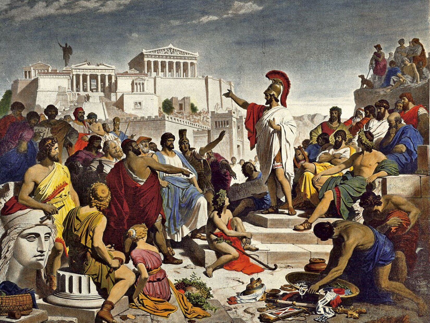 Ilustracja przedstawia dzieło Philippa Foltsa pod tytułem „Mowa pogrzebowa Peryklesa”. Na pierwszym planie znajduje się tłum ludzi, stojących i siedzących na placu. Słuchają oni przemawiającego Peryklesa, mężczyzny w średnim wieku, ubranego w biało‑czerwone szaty i miedziany hełm z pióropuszem na głowie. Mężczyzna ma ciemnobrązową brodę, jego wzrok skierowany jest ku ludziom z lewej strony. Perykles stoi w lekkim rozkroku i wskazuje jedną ręką na Akropol. Z twarzy mieszkańców można odczytać oburzenie i przerażenie. Mieszkańcy to kolorowo odziani ludzie w różnym wieku, z których część siedzi na schodach za mówcą, a część znajduje się z lewej strony, przed nim. W prawym dolnym rogu malarz umieścił parę kradnącą kosztowności z naczynia.