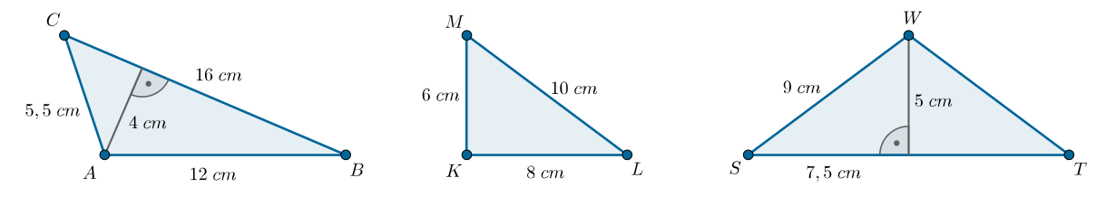 Rysunek trzech trójkątów. Pierwszy trójkąt różnoboczny A B C ma boki długości 12 cm, 16 cm i 5,5 cm oraz wysokość opuszczoną na najdłuższy bok równą 4 cm. Drugi trójkąt prostokątny K L M ma przyprostokątne równe 6 cm i 8 cm oraz przeciwprostokątną równą 10 cm. Trzeci trójkąt równoramienny S T W ma wysokość opuszczoną na podstawę równą 5 cm, ramię równe 9 cm i połowę podstawy długości 7,5 cm.