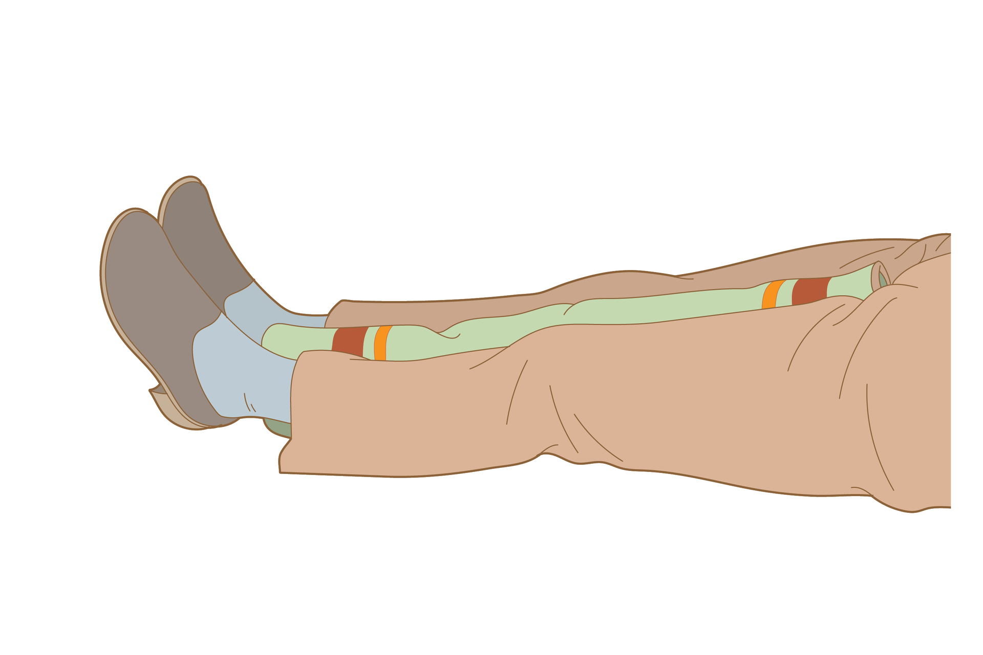 Galeria składa się z sześciu ilustracji prezentującej dwa sposoby unieruchamiania jednej nogi lub obu nóg poszkodowanego. Rysunek pierwszy przedstawia pierwszy etap unieruchamiania za pomocą koca. Na ilustracji poziomo leżące nogi poszkodowanego od pasa w dół, skierowane stopami w lewo. Ubranie kompletne, obie nogi równolegle do siebie. Pomiędzy nogami od stóp do krocza włożony zwinięty koc.