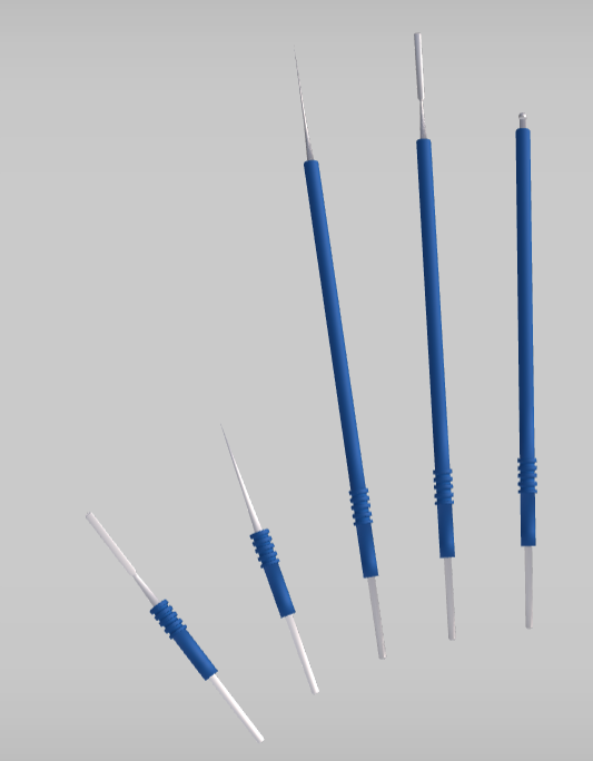 Grafika przedstawia przykładowe elektrody wykorzystywane przy elektrokoagulacji. Podłużne elektrody są różnej długości i posiadają końcówki o różnej grubości i kształcie. Zbudowane są z metalowych pręcików w obudowie z tworzywa sztucznego.