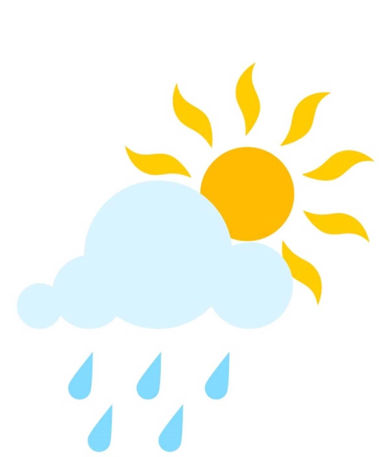 Ilustracja przedstawia chmurę, z za której wychodzi słońce. Widoczne są również krople deszczu. 