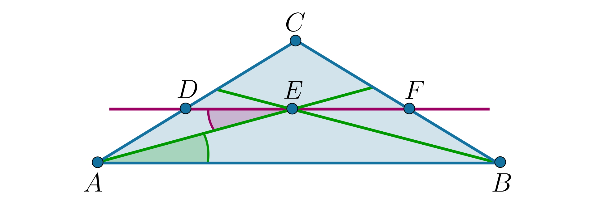 W trójkącie A B C, różowym łukiem zaznaczono kąt A E D oraz zielonym łukiem zaznaczono kąt B A E.