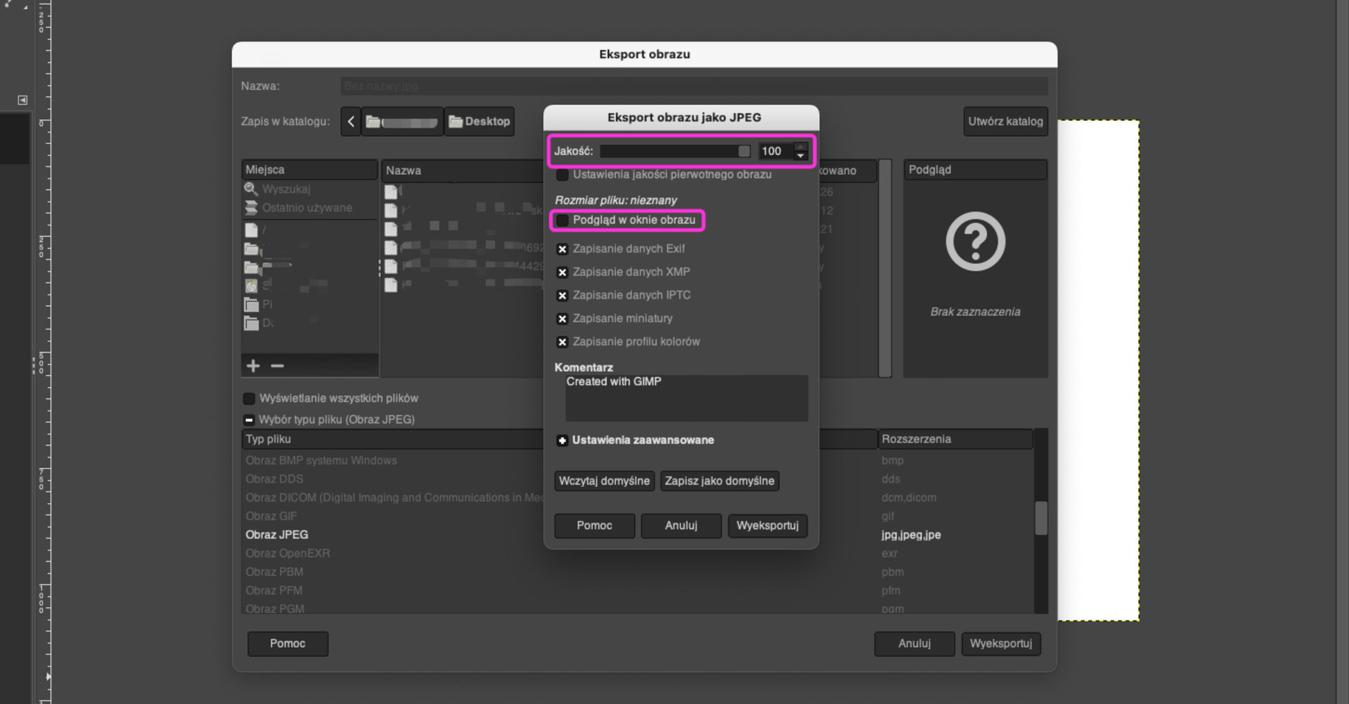 Ilustracja przedstawia okno o nazwie Eksport obrazu. Wyróżniono opcje: Jakość 100, Podgląd w oknie obrazu.