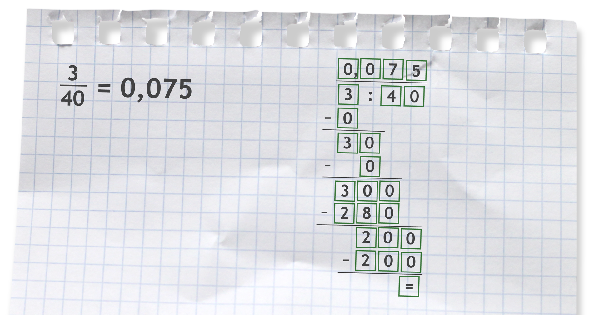 Rysunek przedstawia przykład: trzy czterdzieste = 0,075 bo 3 dzielone przez 40 = 0,075.