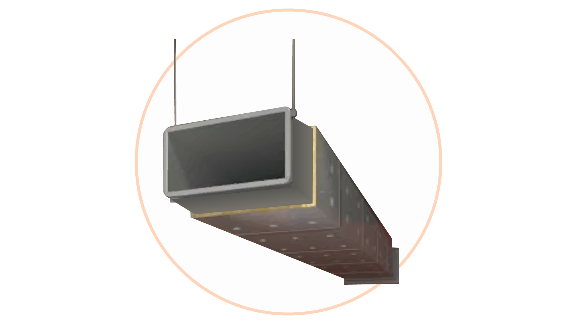 Grafika przedstawia błędnie wykonaną izolację ogniochronną kanału oddymiającego - zbyt cienką warstwę wełny. Prostopadłościenny kanał obłożony jest szczelnie wełną mineralną, zewnętrzną warstwą folii oraz przytrzymującymi konstrukcję metalowymi listwami. Warstwa wełny mineralnej jest jednak bardzo cienka.