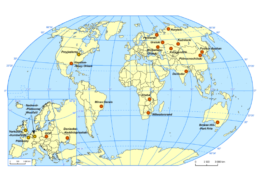 Na mapie świata zaznaczono następujące okręgi: Przyjeziorny, Houston-Nowy Orlean,  Minas Gerais, Shaba,  Witwatersrand, Nadrenii-Północnej Westfalii, Północny,  Yorkshire-Humberside, GOP,  Doniecko-Naddnieprzański, Peczorski, Uralski, Norylski, Wołżańsko-Uralski, Karagandzki, Kużniecki, Północnochiński, Damodar, Fuszun-Anszan,  Broken Hill-Port Pirie.  
