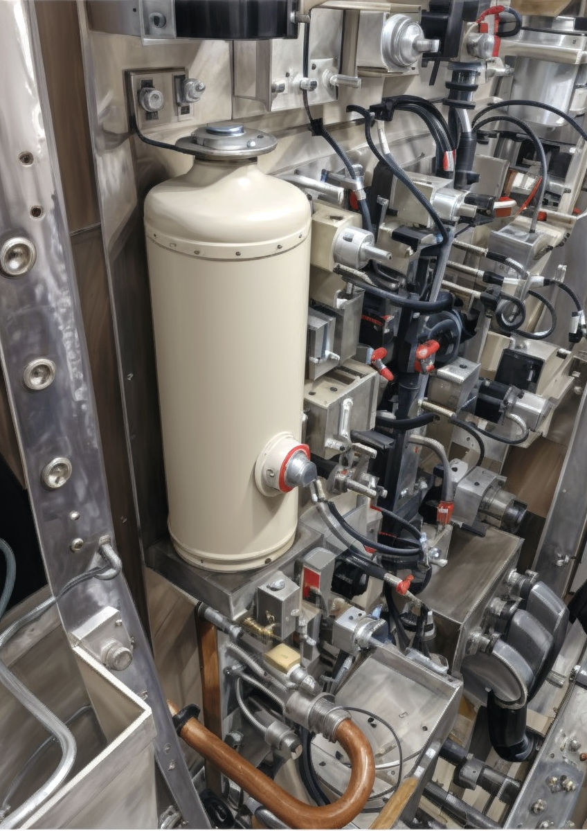 Ilustracja przedstawia tablicę hamulcową w lokomotywie Siemens Vectron. Znajduje się na nim wiele urządzeń pneumatycznych oraz elektropneumatycznych zamontowanych na jednej wspólnej płycie. Na tablicy widzimy wiele przewodów, zaworów oraz znajdujący się na pierwszym planie cylinder. 