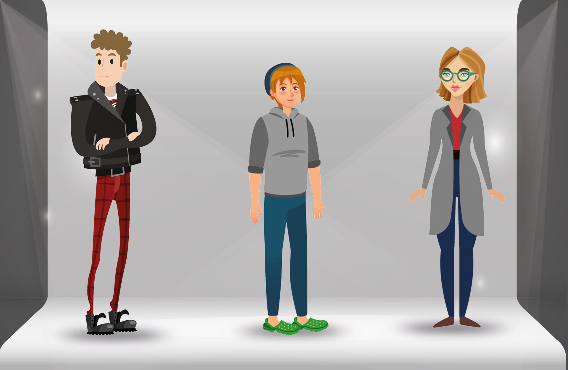 Grafika przedstawia trzy stojące postacie. Od lewej widoczny jest młody mężczyzna, którego głowa skierowana jest w lewo i ma założone na siebie ręce na brzuchu. Ubrany jest w obcisłe czerwone spodnie w kratkę, czarną skórzaną kurtkę i czarne buty typu glany. Ma krótkie, brązowe, kręcone włosy. Pośrodku widoczny jest nastolatek, zwrócony lekko w prawo, z rękami opuszczonymi wzdłuż tułowia. Ubrany jest w niebieskie spodnie, szarą bluzę dresową z kapturem, zielone crocsy, a na głowie ma czapkę. Ma pomarańczowe, krótkie włosy, z dłuższą grzywką. Postać po prawej to kobieta zwrócona lekko w lewo, z rękami opuszczonymi wzdłuż tułowia i dłońmi lekko odgiętymi na zewnątrz. Ubrana jest w niebieskie spodnie, szary żakiet sięgający do uda, czerwoną bluzkę, brązowe buty na płaskim obcasie. Ma brązowe, półdługie włosy i okulary.