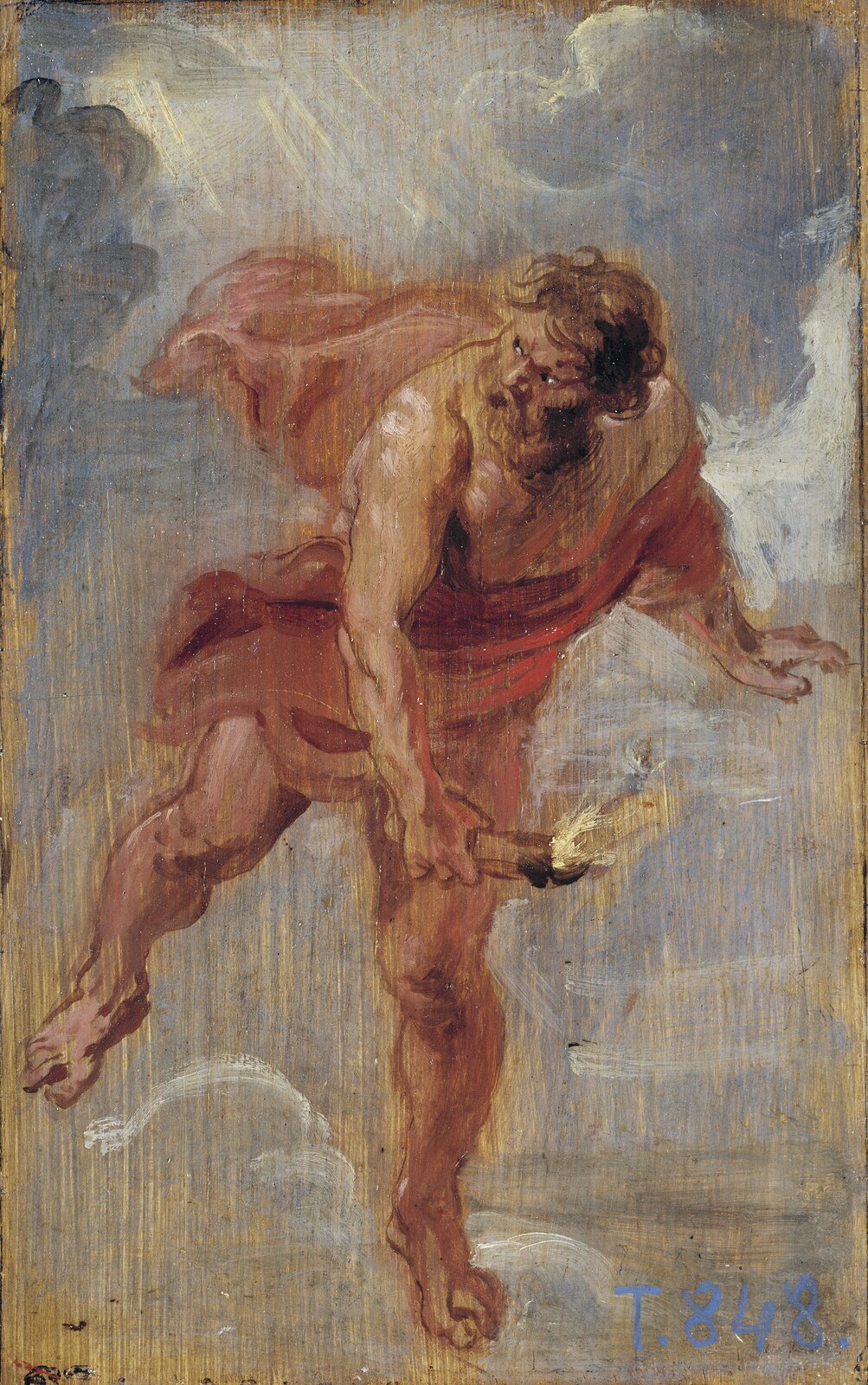 Praca Petera Paula Rubensa przedstawia dzieło pod tytułem „Prometeusz”. Na obrazie widoczny jest mężczyzna unoszący się w powietrzu, ma on średniej długości włosy oraz bujny zarost. Ubrany jest w czerwoną szatę zakrywającą jego tors oraz dolne partie ciała. W jego dłoni widoczny jest podpalony kawałek drewna, który zamierza rzucić w stronę ludzi. 