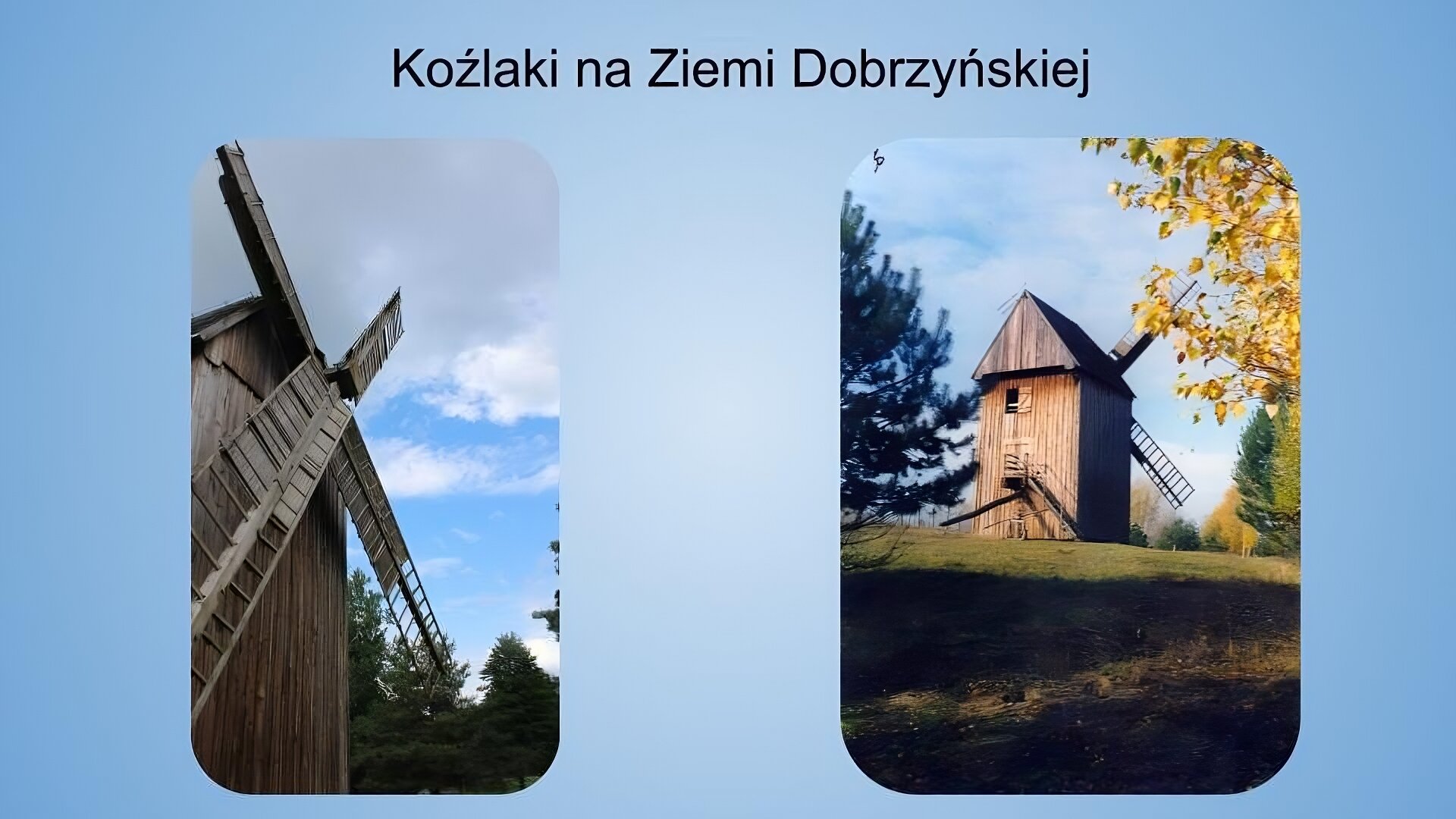 Jasnoniebieskie tło. Na górze napis: koźlaki na Ziemi Dobrzyńskiej. Poniżej 2 kolorowe fotografie przedstawiające stare, drewniane wiatraki. Fotografia po lewej przedstawia półzbliżenie na ramiona wiatraka oraz część bryły obiektu. Zdjęcie wykonane jest z dołu, widoczne są deski, z których konstrukcja jest zbudowana. W tle widać zachmurzone niebo oraz korony znajdujących się nieopodal drzew. Zdjęcie zostało wykonane w świetle dziennym. Zdjęcie po prawej jest zrobione z większego oddalenia. Przedstawia drewniany wiatrak na wzgórzu, oświetlony światłem słonecznym. W kadrze widoczna jest tylna część bryły obiektu. Widać wejście do wiatraka oraz niewielkie okienko, a także części dwóch ramion, które wystają zza obiektu. Na pierwszym planie widoczna jest trawa, a z lewej i prawej strony kadr częściowo jest przysłonięty koronami drzew. Po lewej widać gałęzie drzewa iglastego, po prawej pożółkłe liście drzewa liściastego. W tle widoczne jest błękitne niebo z białymi obłokami. Zdjęcie zostało wykonane w świetle dziennym.