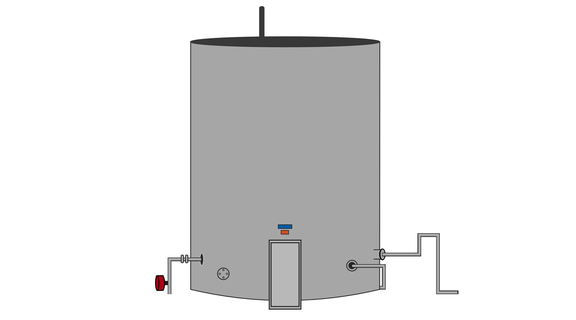 Pojedynczy zbiornik magazynowy cylindryczny z osprzętem służącym do doprowadzania i odprowadzania ropy naftowej ze zbiornika Ilustracja przedstawia pojedynczy zbiornik magazynowy o cylindrycznym kształcie z osprzętem służącym do doprowadzania i odprowadzania ropy naftowej ze zbiornika. Podstawa zbiornika to koło. Po prawej stronie u dołu zbiornika zamontowany jest rurociąg poprowadzony poziomo, skręcający ku górze, następnie ponownie ponownie jest zorientowany poziomo na krótki odcinku i skręca w dół i w prawą stronę. Nieco poniżej znajduje się rura wychodząca z wnętrza zbiornika i skręcająca do tyłu za widoczną część cylindrycznego zbiornika. Po Lewj stronie znajduje się rurociąg z dwoma pierścieniami zorientowany poziomo w lewą stronę i skręcający do dołu. W tym miejscu na rurociągu zamontowany jest zawór z czerwonym pokrętłem.