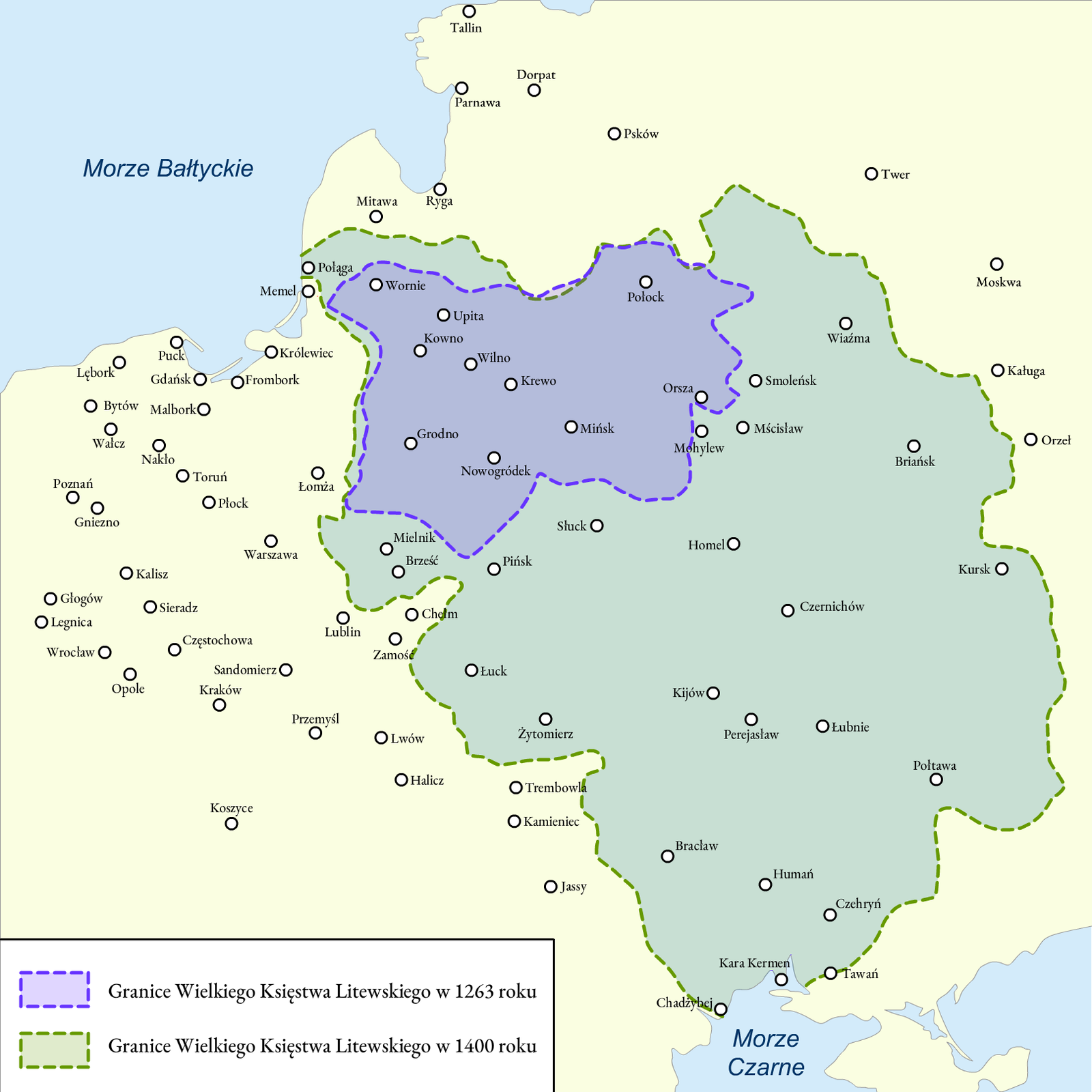 Mapa przedstawia granice Wielkiego Księstwa Litewskiego w 1263 roku i w 1400 roku. Na obszarze pierwotnym pokazano rozmieszczenie miejscowości w Auksztocie, Żmudzi i na Rusi Czarnej. W wyniku podbojów obszar pierwotny został powiększony o miejscowości z terenów Polesia, Białorusi, Ukrainy, Podola i Wołynia. 