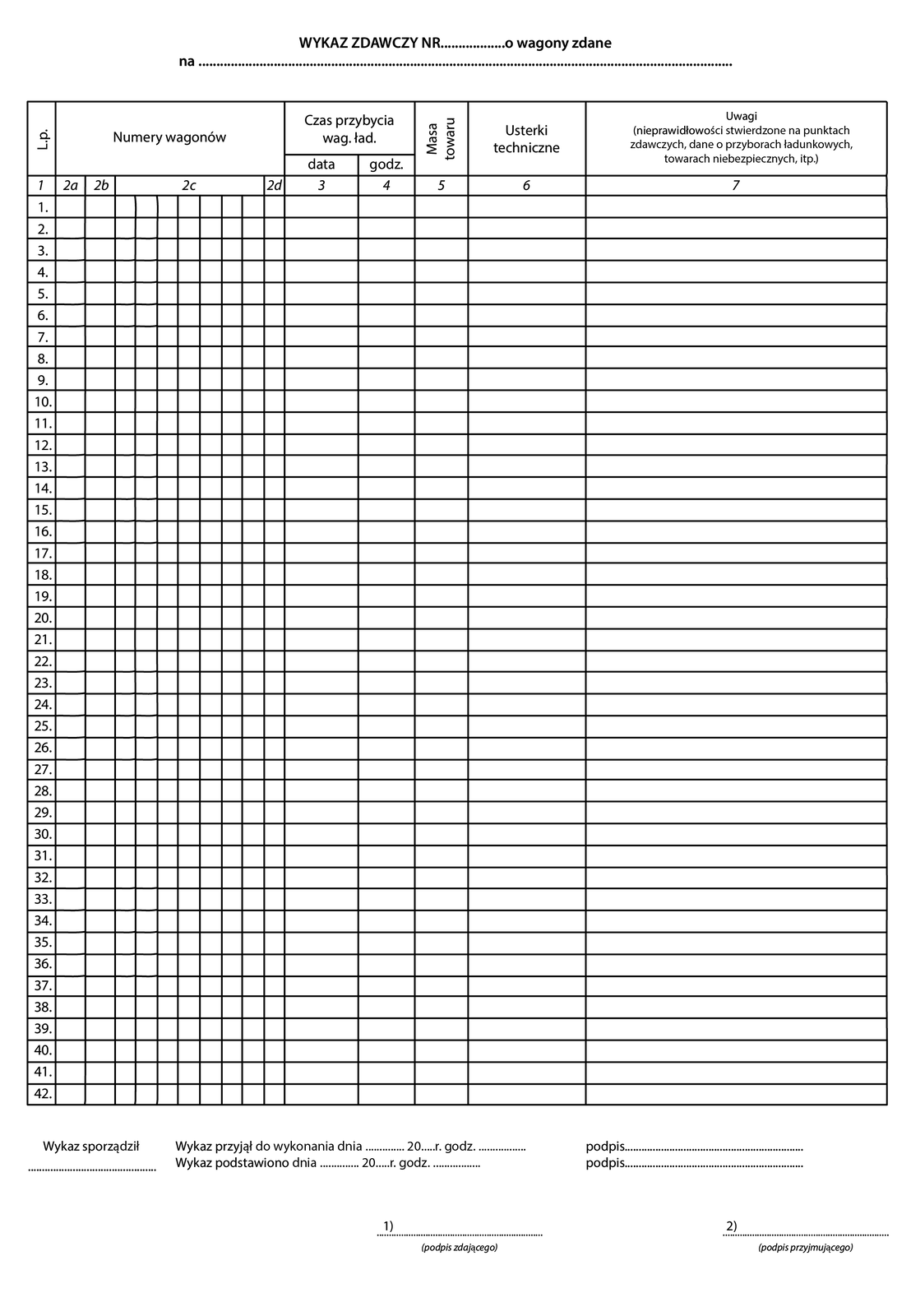 Wykaz zdawczy jest to dokument mający formę tabelaryczną.  W pierwszej kolumnie znajdują się numery wagonów. Następnie czas przybycia wagonu ładunkowego. Data oraz godzina. W kolejnej kolumnie znajduje się masa towaru. Następnie usterki techniczne oraz uwagi. Czyli nieprawidłowości stwierdzone na punktach zdawczych, dane o przyborach ładunkowych, towarach niebezpiecznych i tym podobne. Na dole dokumentu znajduje się miejsce na datę oraz podpis osoby wykonującej wykaz.