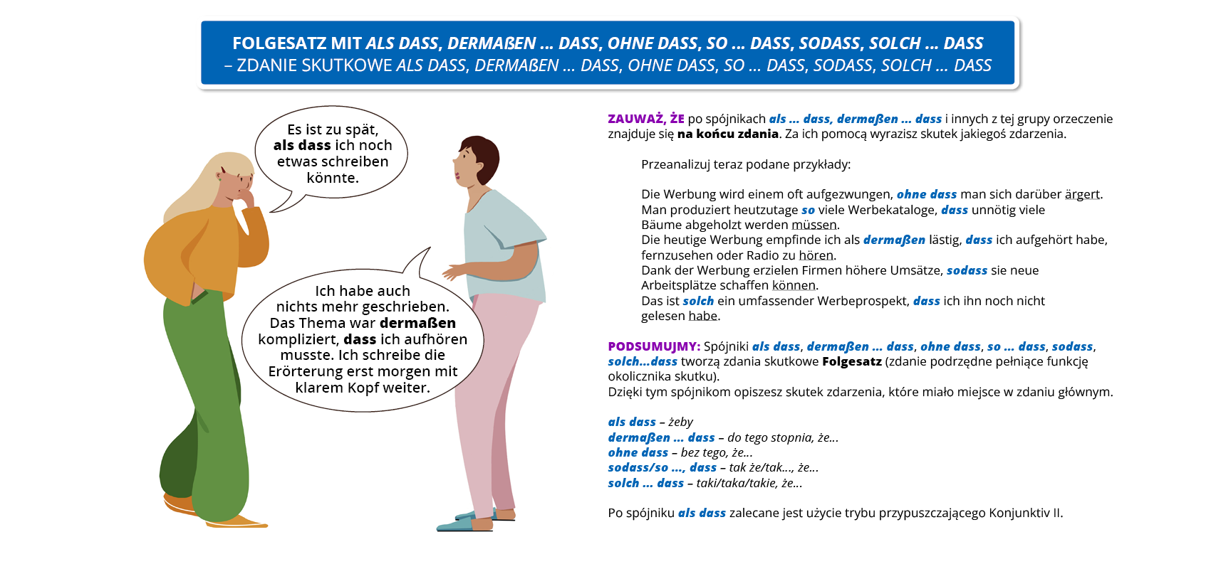 Ilustracja przedstawia poradę językową. 
Ilustracja o tytule Folgesatz mit als dass, dermaßen…dass, ohne, dass, so… dasss, sodass, solch…dass – zdania skutkowe.
Znajdują się na niej dwie osoby, które prowadzą dialog. Pierwsza kobieta ubrana jest zielone spodnie i pomarańczową bluzę, a druga w różowe spodnie i miętową koszulkę.
Pozostałą część ilustracji stanowi tekst, którego treść wyświetla się w trybie dostępności.
