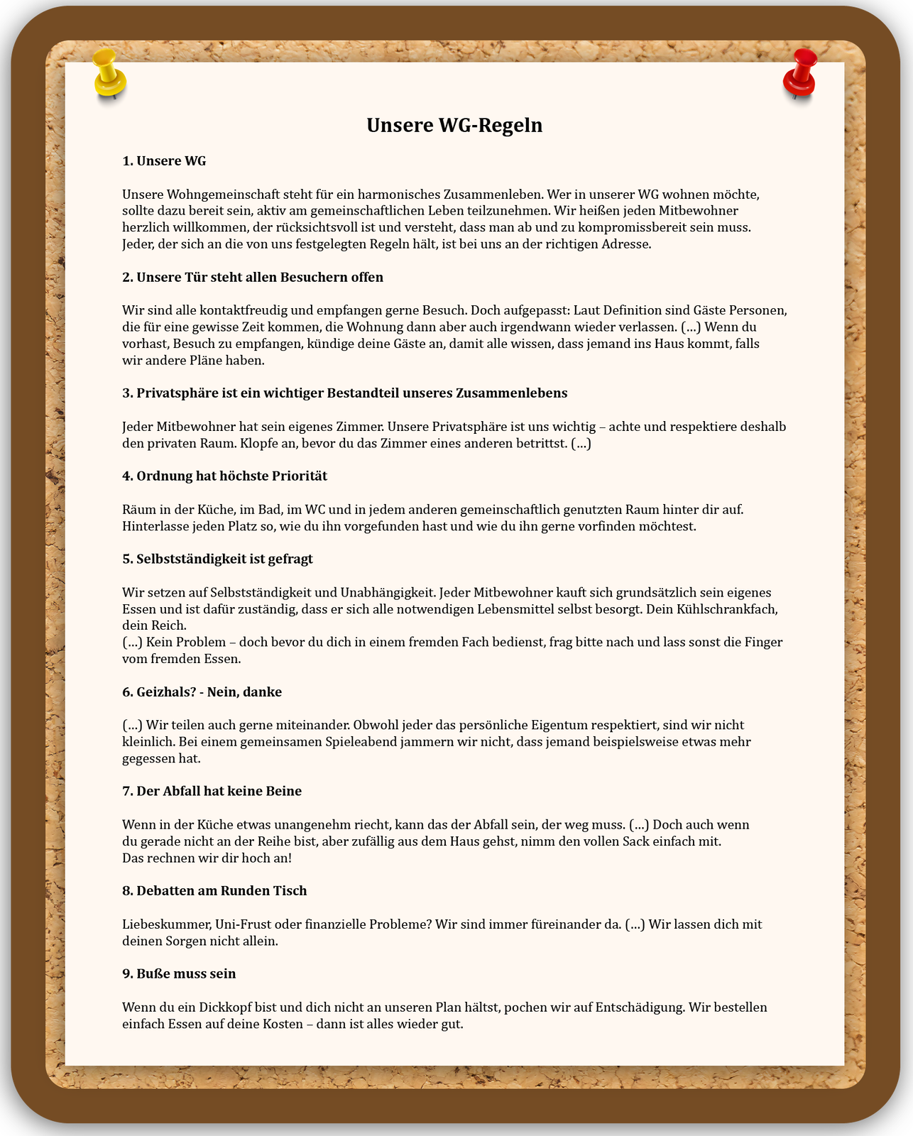 Ilustracja przedstawia tablicę korkową z przypiętą do niej kartką, na której jest wypisanych dziewięć zasady wspólnego mieszkania. Transkrypcja dostępna poniżej.