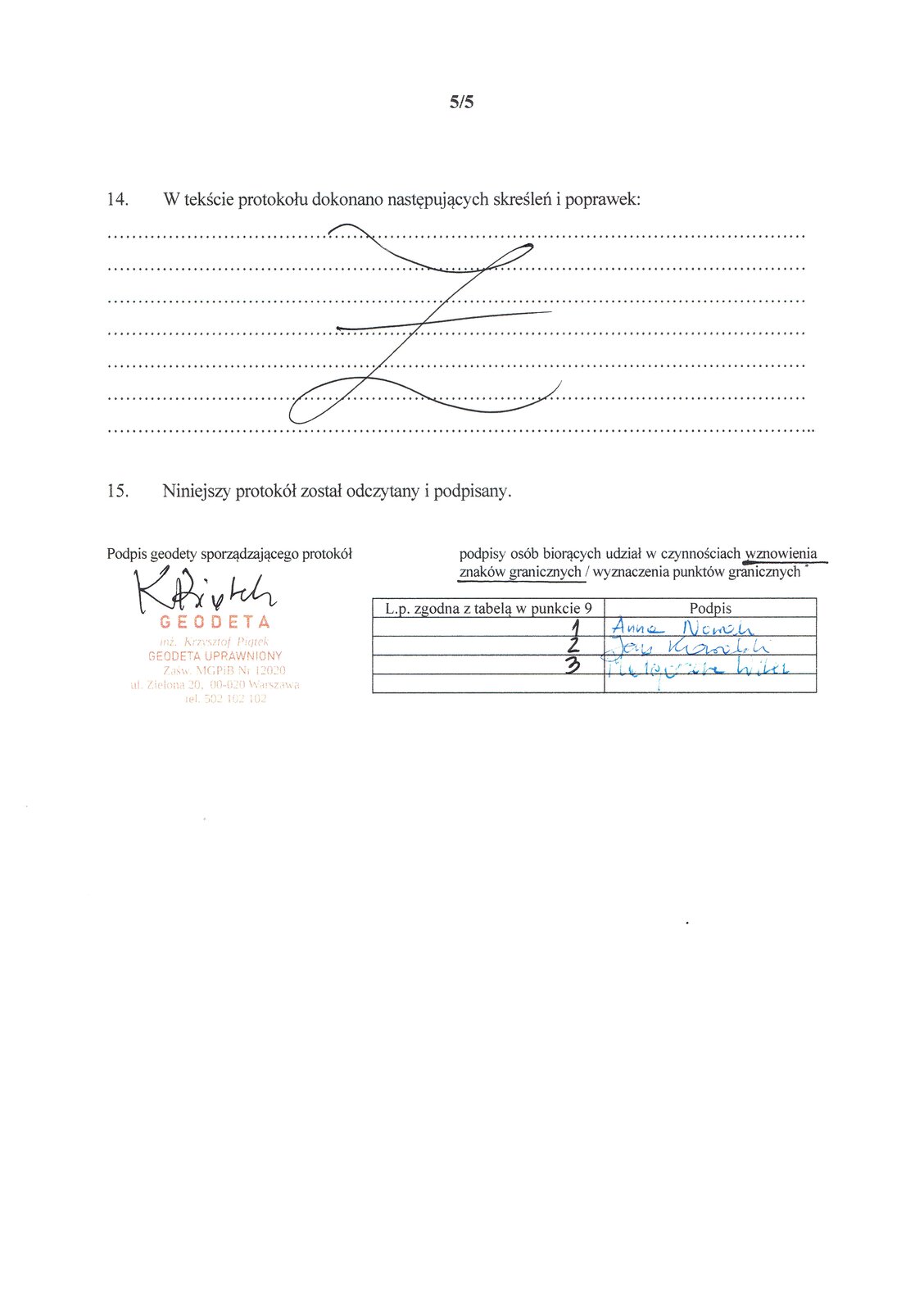 Zdjęcie przedstawia piątą i zarazem ostatnią stronę protokołu wznowienia znaków granicznych ukośnik wyznaczenia znaków granicznych. Znajduje się na niej lista skreśleń i poprawek w protokole, jeśli takowe nastąpiły. Na końcu znajduje się podpis geodety sporządzającego protokół oraz podpisy osób biorących udział w czynnościach wznawiania ukośnik wyznaczania. Poniżej znajduje się podpis geodety sporządzającego protokół oraz podpisu osób biorących udział w czynnościach wznawiania ukośnik wyznaczania.