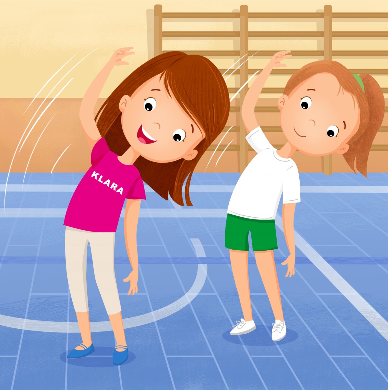 Ilustracja przedstawia dwie dziewczynki podczas gimnastyki na sali sportowej.