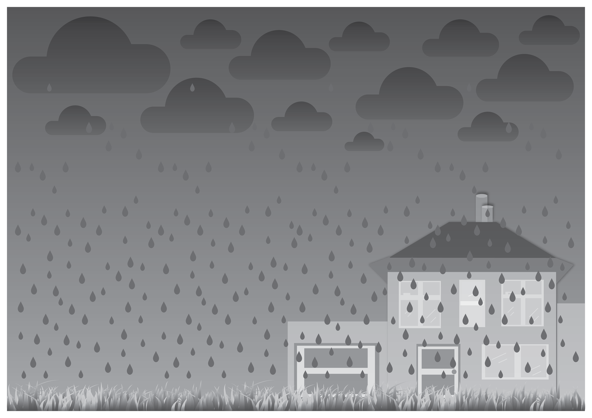 Szósta ilustracja w galerii. Przedstawia czarno biały symboliczny rysunek domu jednorodzinnego z garażem podczas deszczowej pogody. Niebo ciemne, zachmurzone. Padający gęsty deszcz zrasza trawnik widoczny na pierwszym planie.