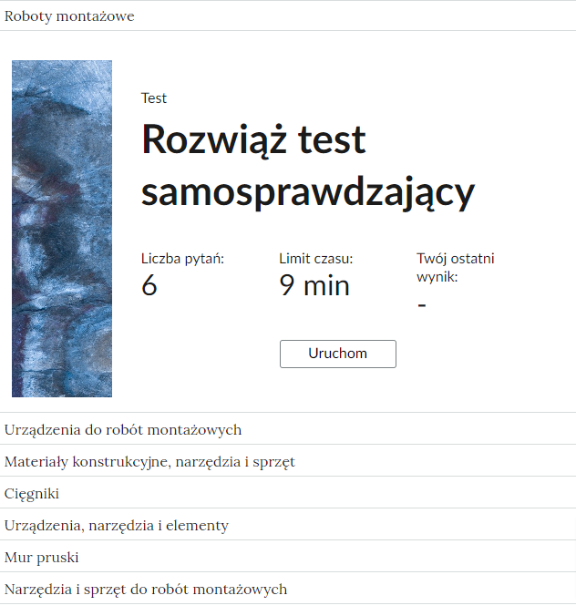 Grafika przedstawia przykładowy ekran początkowy testu. Widoczny jest tytuł testu, liczba pytań, limit czasu, twój ostatni wynik oraz przycisk uruchom.