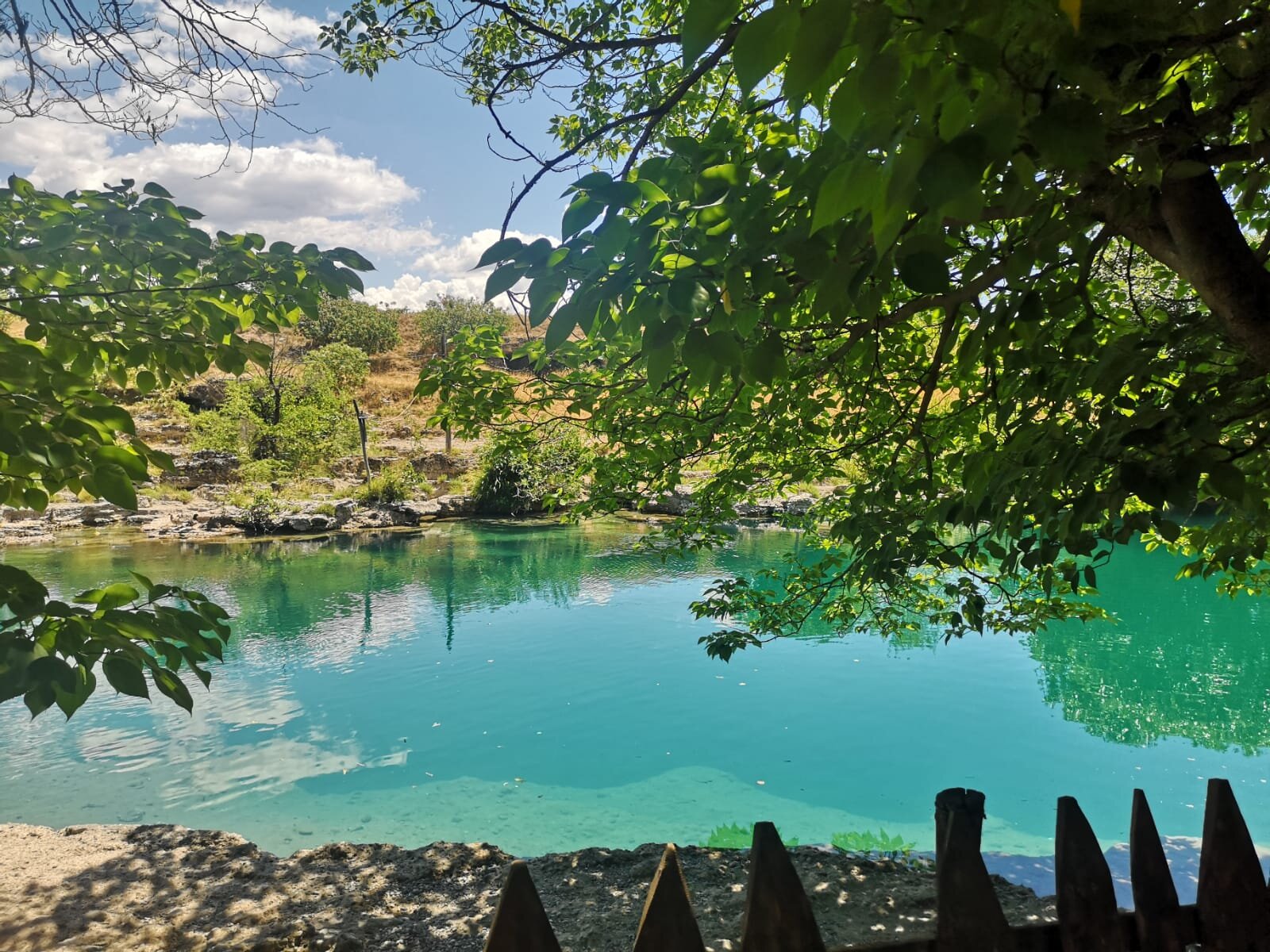 Zdjęcie przedstawia widok z brzegu na jezioro. Widoczne są także drzewa, które rosną wokół tego jeziora.