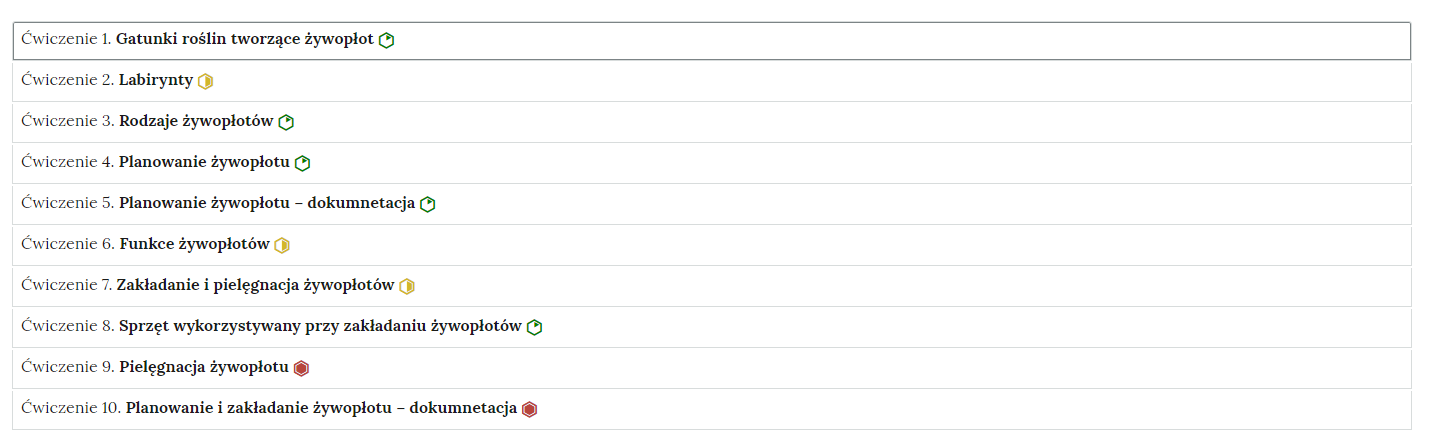 Zdjęcie przedstawia przykładowy wygląd zakładek zawierających interaktywne materiały sprawdzające. Składają się one z prostokątnych paneli umieszczonych jeden pod drugim. Każdy panel posiada numer oraz tytuł, który nawiązuje do zawartego w nim zadania.
