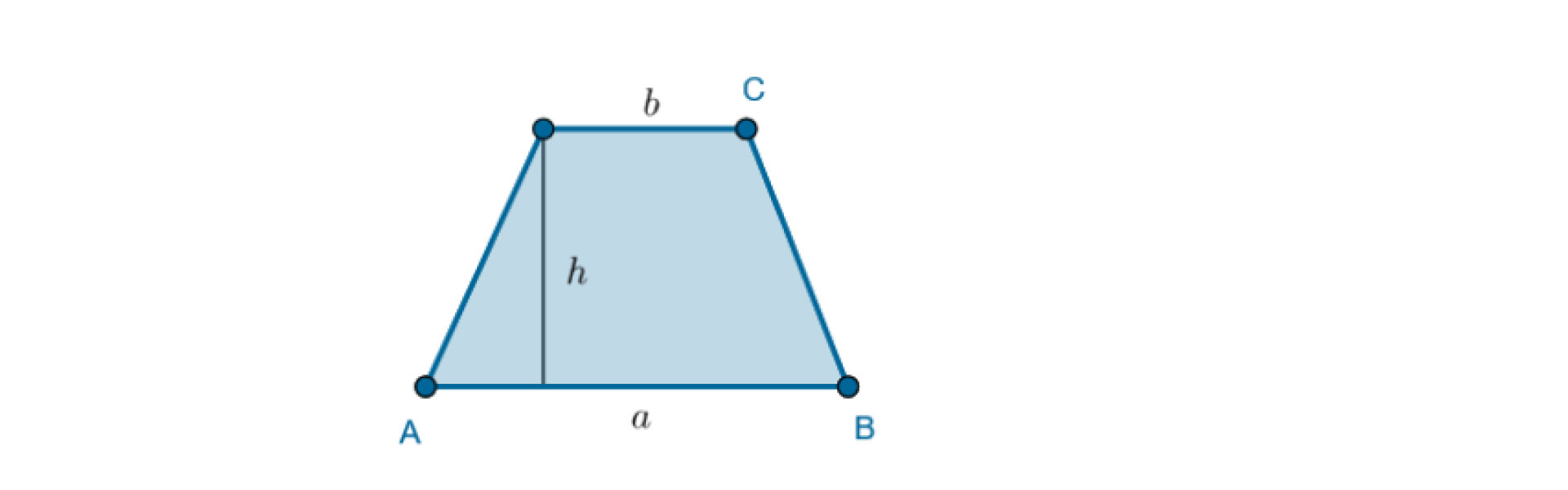 Rysunek przedstawia trapez równoramienny A B C D, gdzie A B jest dłuższą podstawą oznaczoną literą a, C D krótszą podstawą oznaczoną literą b. Zaznaczono wysokość trapezu h.