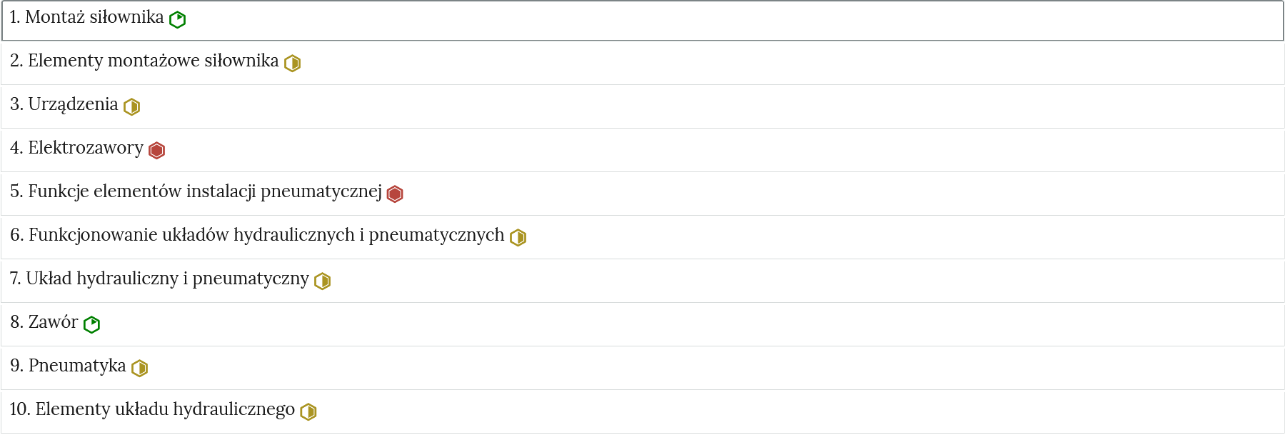 Ilustracja przedstawia przykładowy wygląd zakładek zawierających interaktywne materiały sprawdzające. Zakładki mają formę prostokątnych paneli umieszczonych jeden pod drugim. Każdy panel opatrzony jest numerem oraz tytułem. Po prawej stronie od tytułu znajduje się znaczek określający poziom trudności.