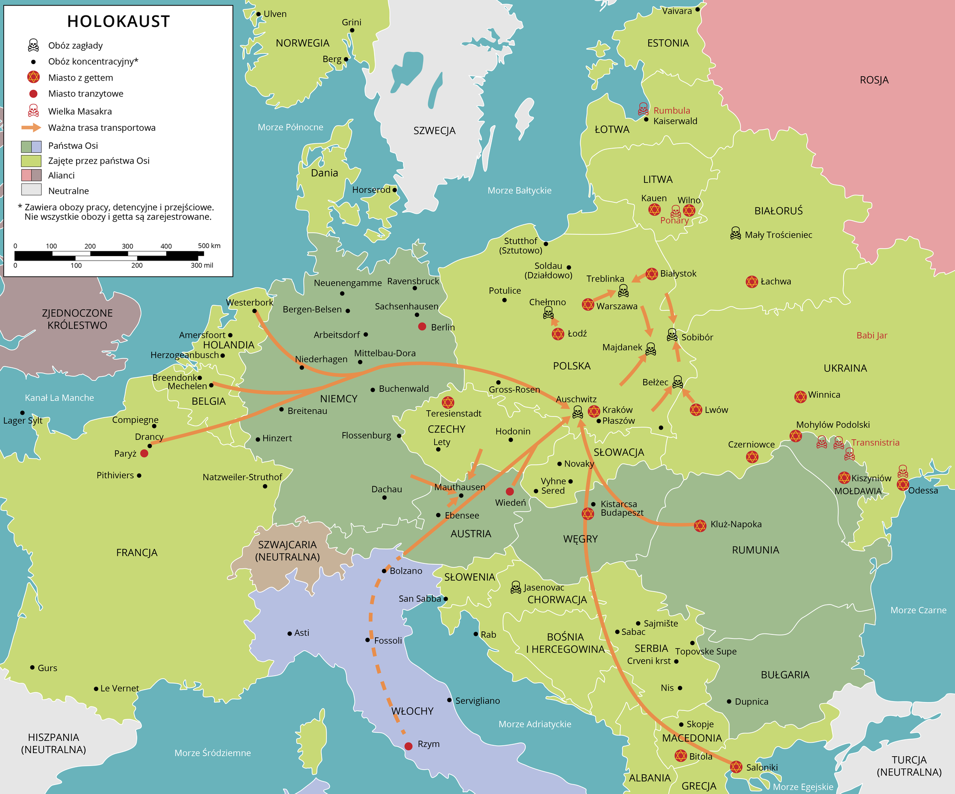 Holokaust. Obóz zagłady: Chełmno, Treblinka, Auschwitz, Bełżec, Jesenovac. Obóz koncentracyjny (zawarte są także obozy pracy, detencyjne, przejściowe. Nie wszystkie obozy i getta są zarejestrowane): Vavivara, Kaiserwald, Stutthof (Sztutowo), Soldau (Działdowo), Potulice, Gross- Rosen, Płaszów, Novaky, Vyhne, Sered, Kistarcsa, Lety, Ebensee, Mauthausen, Sajmiste, Topovske Supe, Nis, Dupnica, Skopje, Rab, San Sabba, Servigliano, Ravensbruck, Sachsenhausen, Neuenengmme, Bergen- Balsen, Mittalbau- Dora, Niederhagen, Bauchenwald, Dachau, Flossenburg, Breitenau, Hinzert, Westerbork, Amersfoot, Herzogeanbusch, Breenonk, Mechelen, Natzweiler- Struthof, Asti, Fossoli, Bolzano, Le Vernet, Gurs, Pitiviers, Drancy, Compiegne, Leger Sylt, Serviliano. Miasto z gettem: Btola, Saloniki, Kluż- Napoka, Treisienstadt, Łódź, Kraków, Lwów, Warszawa, Czerniwcowe, Kiszyniów, Odessa, Winnica, Łachawa, Wilno, Kauen. Miasto tranzytowe: Paryż, Berlin Wiedeń, Rzym. Wielka Masakra: Ponary, Rumbula, Transnistria. Odessa. Ważna trasa transportowa: z Westebork, z Mechelen, Drancy przez Niemcy do Auschwitz. Z Saloniki przez Macedonię, Chorwację do Novaky. Z Kluż- Napoka w Rumunii do Auschwitz. Z Rzymu przez Austrię do Auschwitz. Z Warszawy i Białegostoku do Treblinki. Ze Lwowa do Bełżec i Sobiboru. Państwa Osi: Niemcy, Austria, Węgry, Rumunia, Bułgaria. Tereny zajęte przez Państwa Osi : Norwegia, Dania, Polska, Łotwa, Litwa, Białoruś, Ukraina, Czechy, Słowacja, Słowenia, Chorwacja, Bośnia i Hercegowina, Macedonia, Albania, Grecja, Serbia, Francja, Belgia, Holandia. Alianci: Zjednoczone Królestwo, Szwajcaria (neutralna), Rosja. Neutralne: Szwecja.