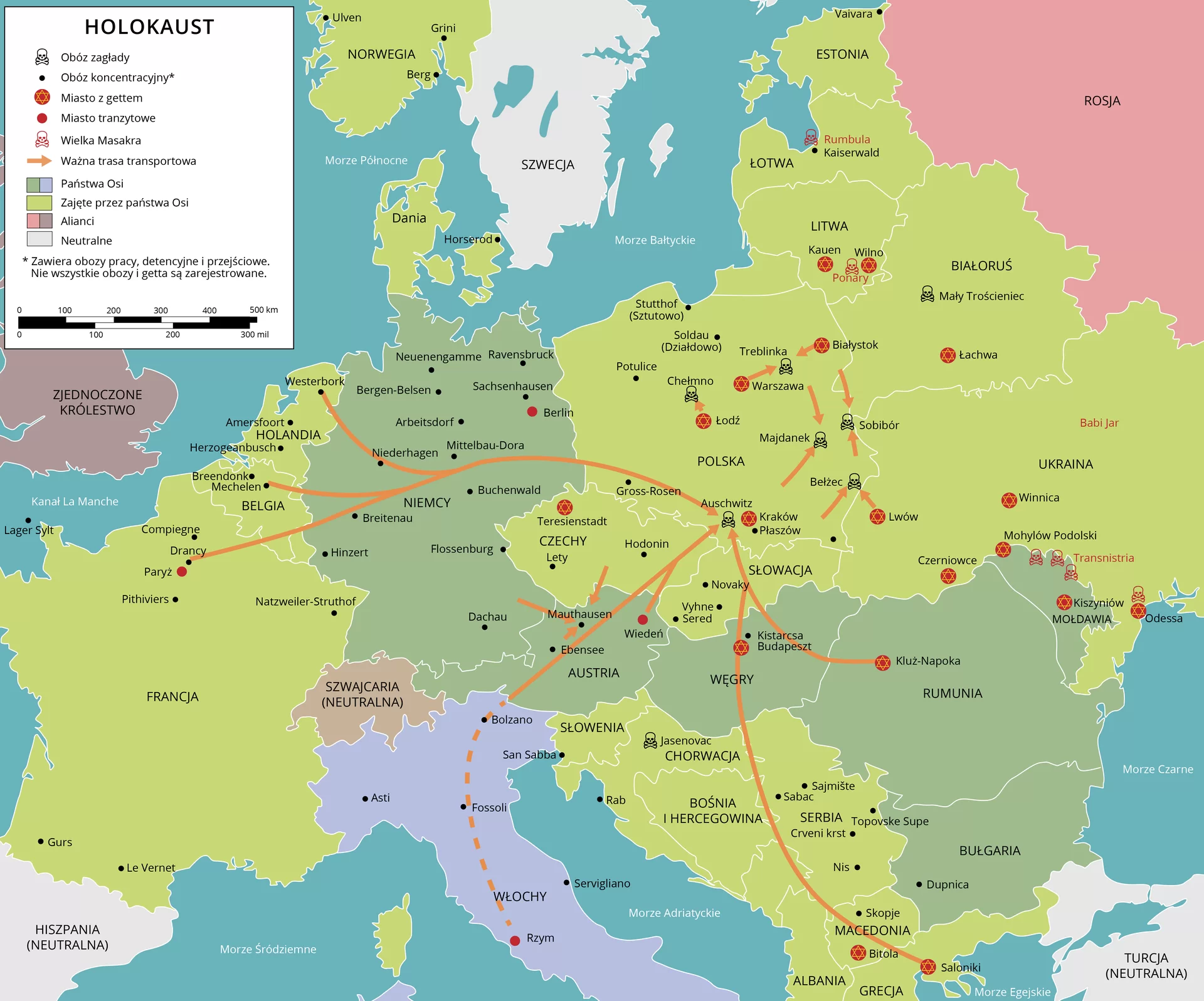 Holokaust. Obóz zagłady: Chełmno, Treblinka, Auschwitz, Bełżec, Jesenovac. Obóz koncentracyjny (zawarte są także obozy pracy, detencyjne, przejściowe. Nie wszystkie obozy i getta są zarejestrowane): Vavivara, Kaiserwald, Stutthof (Sztutowo), Soldau (Działdowo), Potulice, Gross- Rosen, Płaszów, Novaky, Vyhne, Sered, Kistarcsa, Lety, Ebensee, Mauthausen, Sajmiste, Topovske Supe, Nis, Dupnica, Skopje, Rab, San Sabba, Servigliano, Ravensbruck, Sachsenhausen, Neuenengmme, Bergen- Balsen, Mittalbau- Dora, Niederhagen, Bauchenwald, Dachau, Flossenburg, Breitenau, Hinzert, Westerbork, Amersfoot, Herzogeanbusch, Breenonk, Mechelen, Natzweiler- Struthof, Asti, Fossoli, Bolzano, Le Vernet, Gurs, Pitiviers, Drancy, Compiegne, Leger Sylt, Serviliano. Miasto z gettem: Btola, Saloniki, Kluż- Napoka, Treisienstadt, Łódź, Kraków, Lwów, Warszawa, Czerniwcowe, Kiszyniów, Odessa, Winnica, Łachawa, Wilno, Kauen. Miasto tranzytowe: Paryż, Berlin Wiedeń, Rzym. Wielka Masakra: Ponary, Rumbula, Transnistria. Odessa. Ważna trasa transportowa: z Westebork, z Mechelen, Drancy przez Niemcy do Auschwitz. Z Saloniki przez Macedonię, Chorwację do Novaky. Z Kluż- Napoka w Rumunii do Auschwitz. Z Rzymu przez Austrię do Auschwitz. Z Warszawy i Białegostoku do Treblinki. Ze Lwowa do Bełżec i Sobiboru. Państwa Osi: Niemcy, Austria, Węgry, Rumunia, Bułgaria. Tereny zajęte przez Państwa Osi : Norwegia, Dania, Polska, Łotwa, Litwa, Białoruś, Ukraina, Czechy, Słowacja, Słowenia, Chorwacja, Bośnia i Hercegowina, Macedonia, Albania, Grecja, Serbia, Francja, Belgia, Holandia. Alianci: Zjednoczone Królestwo, Szwajcaria (neutralna), Rosja. Neutralne: Szwecja.