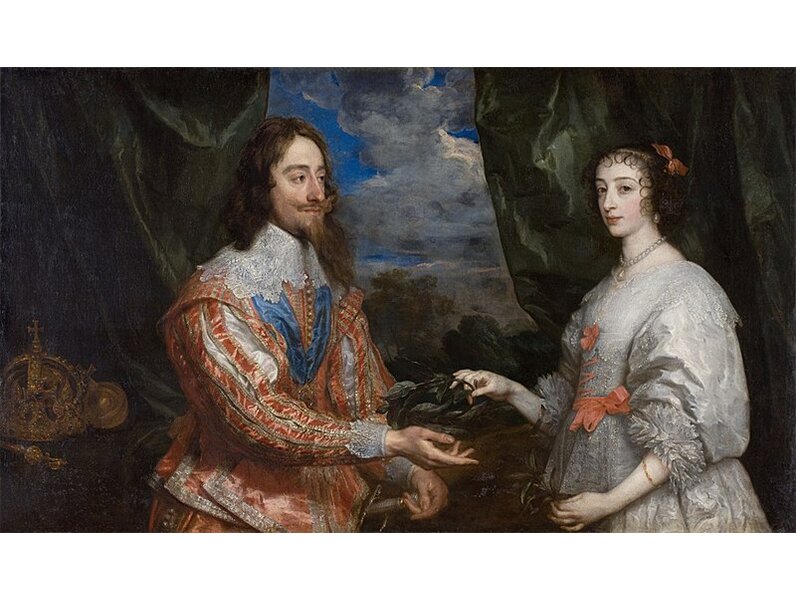 Obraz przedstawia dwójkę ludzi w pięknych strojach. Stoją w oknie na tle ciemnych, zielonych zasłon. W tle widać niebo. Po lewej stronie leży korona, jabłko i berło. On ma długie, brązowawe włosy i zarost, ubrany jest w złotawą szatę. Na szyi ma koronkowy kołnierz. Kobieta ma białą suknię z bufiastymi rękawami, ozdobiono ją pomarańczowymi wstążkami. Oboje patrzą w kierunku widza.